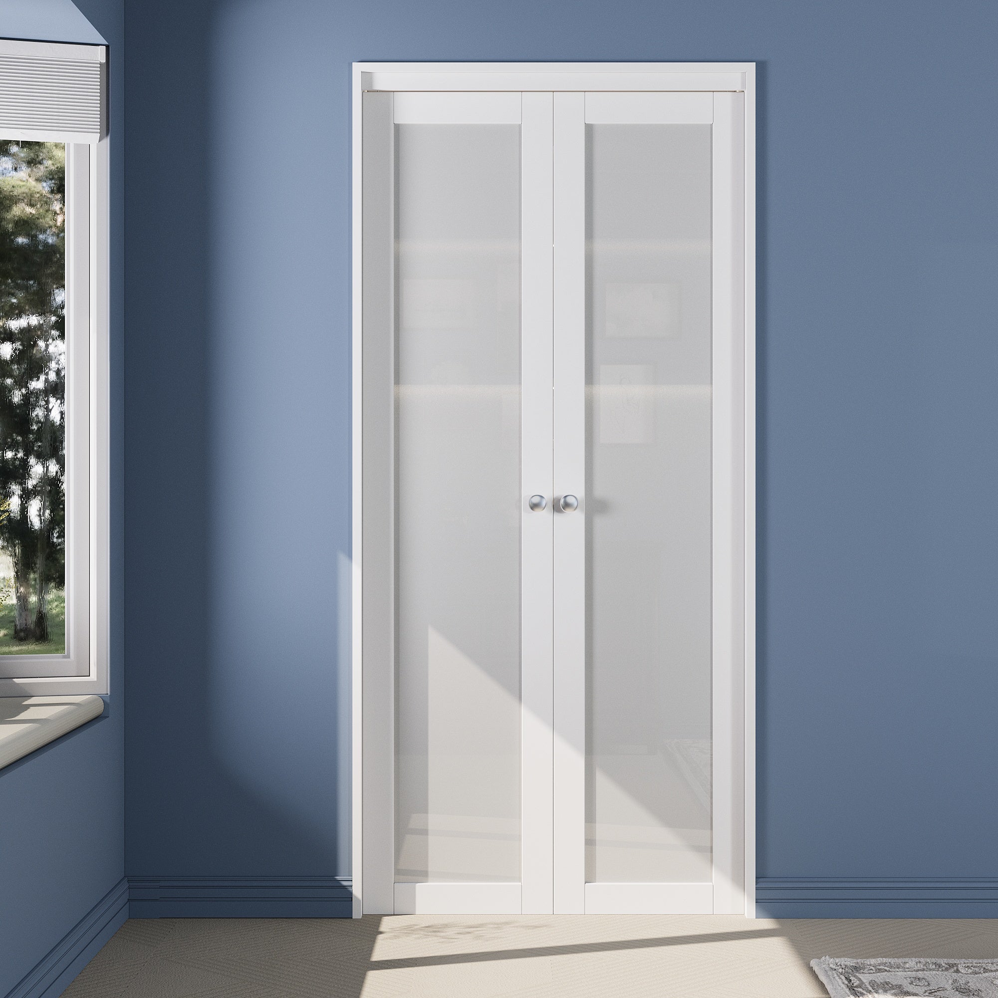 Ark Design 1-Lite Tempered Frosted Glass French Pivot Door with Hardware Kit, Solid Core MDF Wood & PVC Covered Finished, White