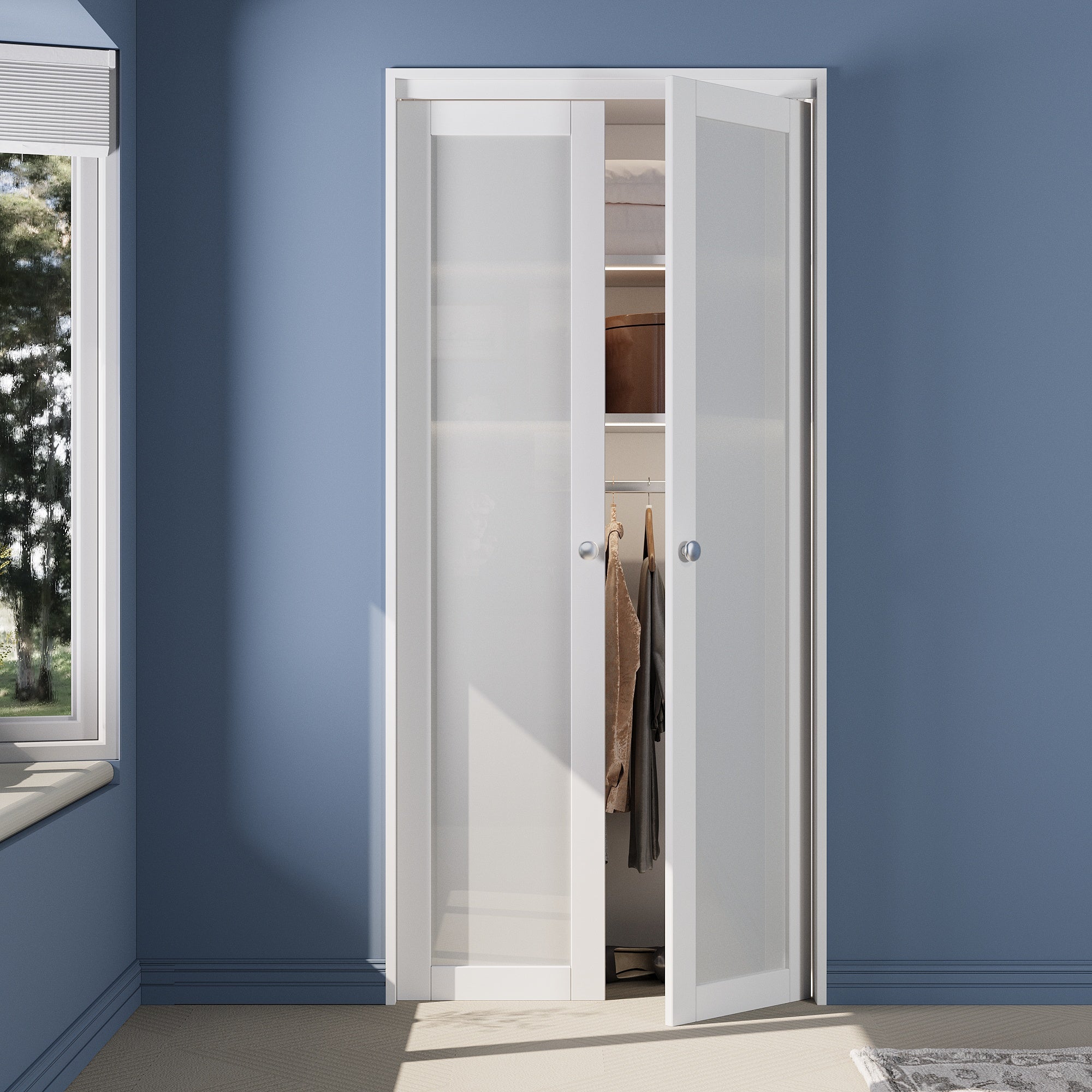 Ark Design 1-Lite Tempered Frosted Glass French Pivot Door with Hardware Kit, Solid Core MDF Wood & PVC Covered Finished, White