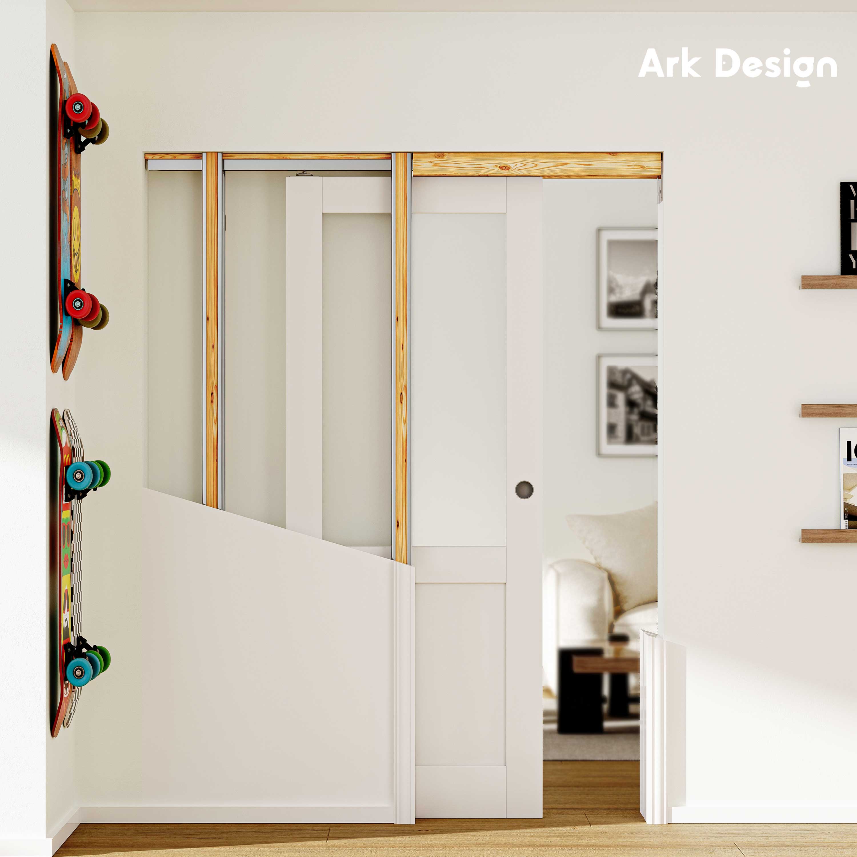 Ark Design Half Lite Tempered Frosted Glass Pocket Door with Hardware Kit & Soft Close & Frame, Solid Core MDF Wood & Paint-grade Finished, White