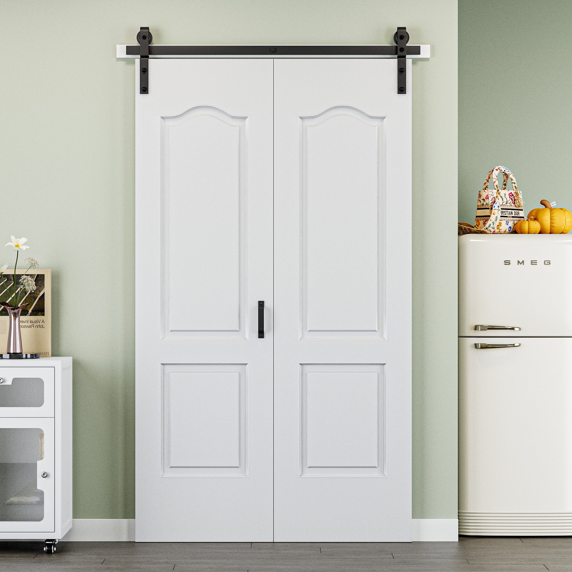 Ark Design Hollow Paneled 2-Lite Arch White Primed MDF Composite Bi-fold Sliding Barn Door with Hardware Kit and Handle