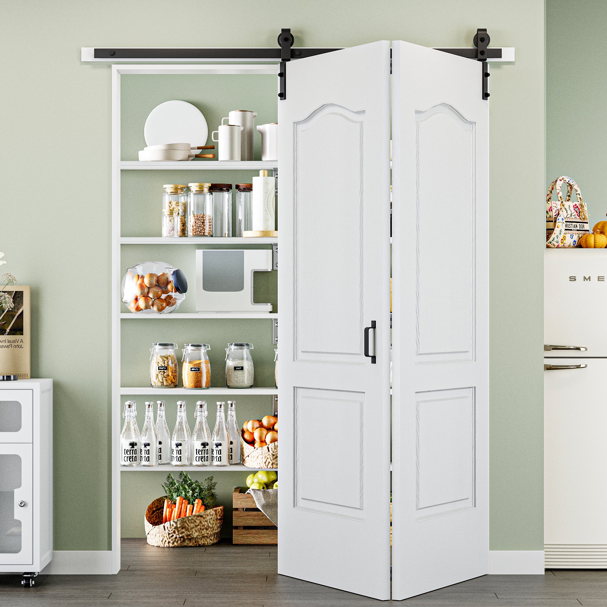 Ark Design Hollow Paneled 2-Lite Arch White Primed MDF Composite Bi-fold Sliding Barn Door with Hardware Kit and Handle