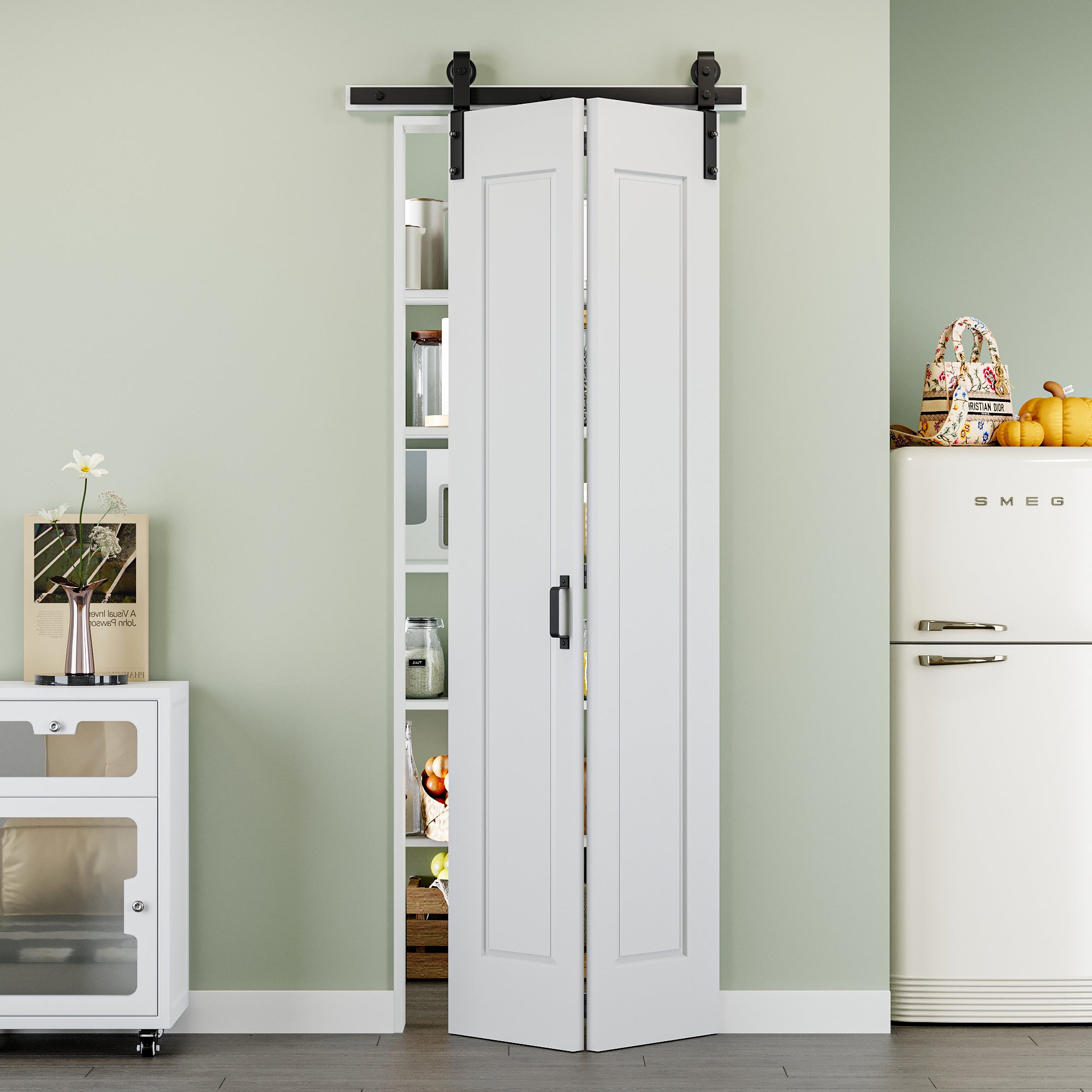 Ark Design Hollow Paneled 1-Lite White Primed MDF Composite Bi-fold Sliding Barn Door with Hardware Kit and Handle