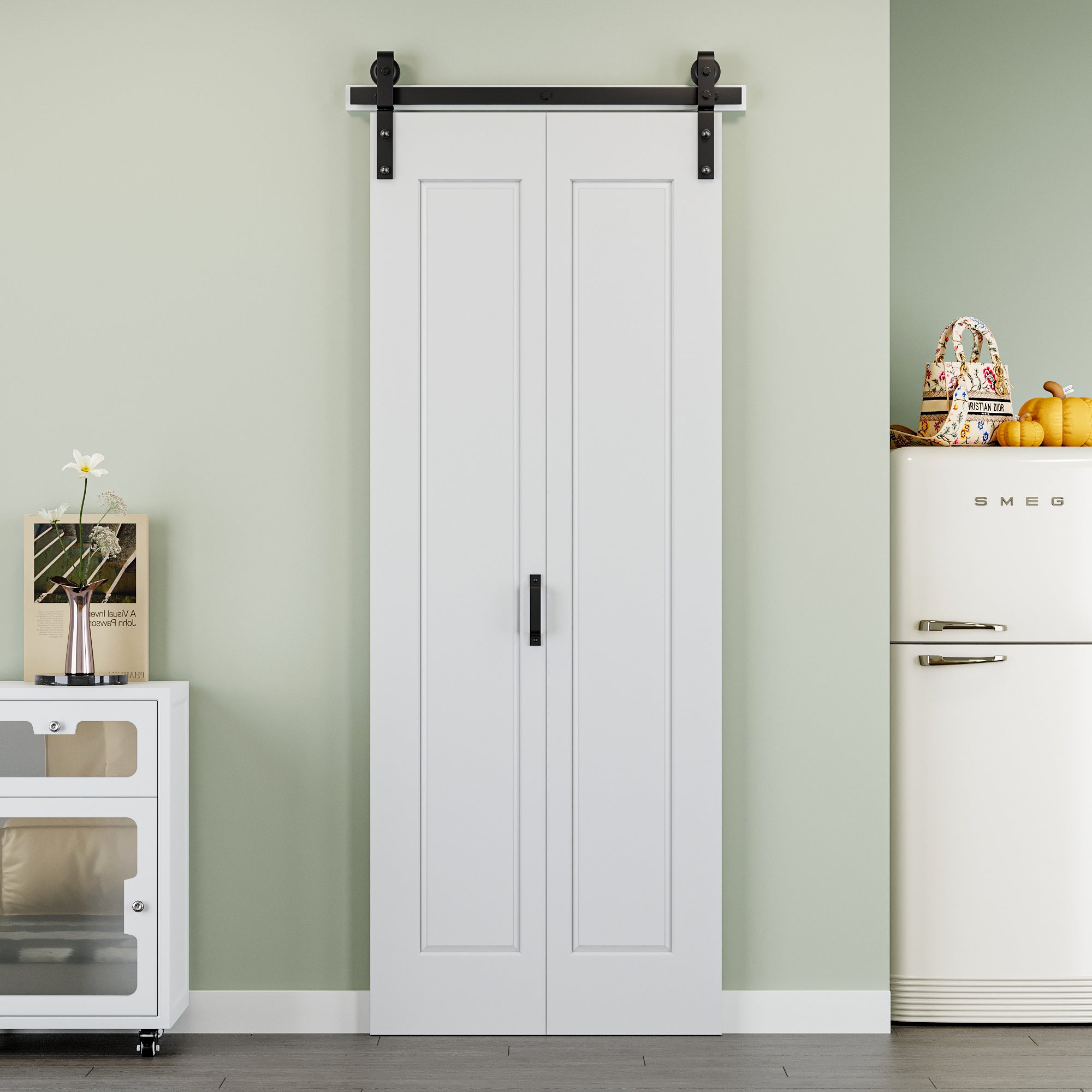 Ark Design Hollow Paneled 1-Lite White Primed MDF Composite Bi-fold Sliding Barn Door with Hardware Kit and Handle