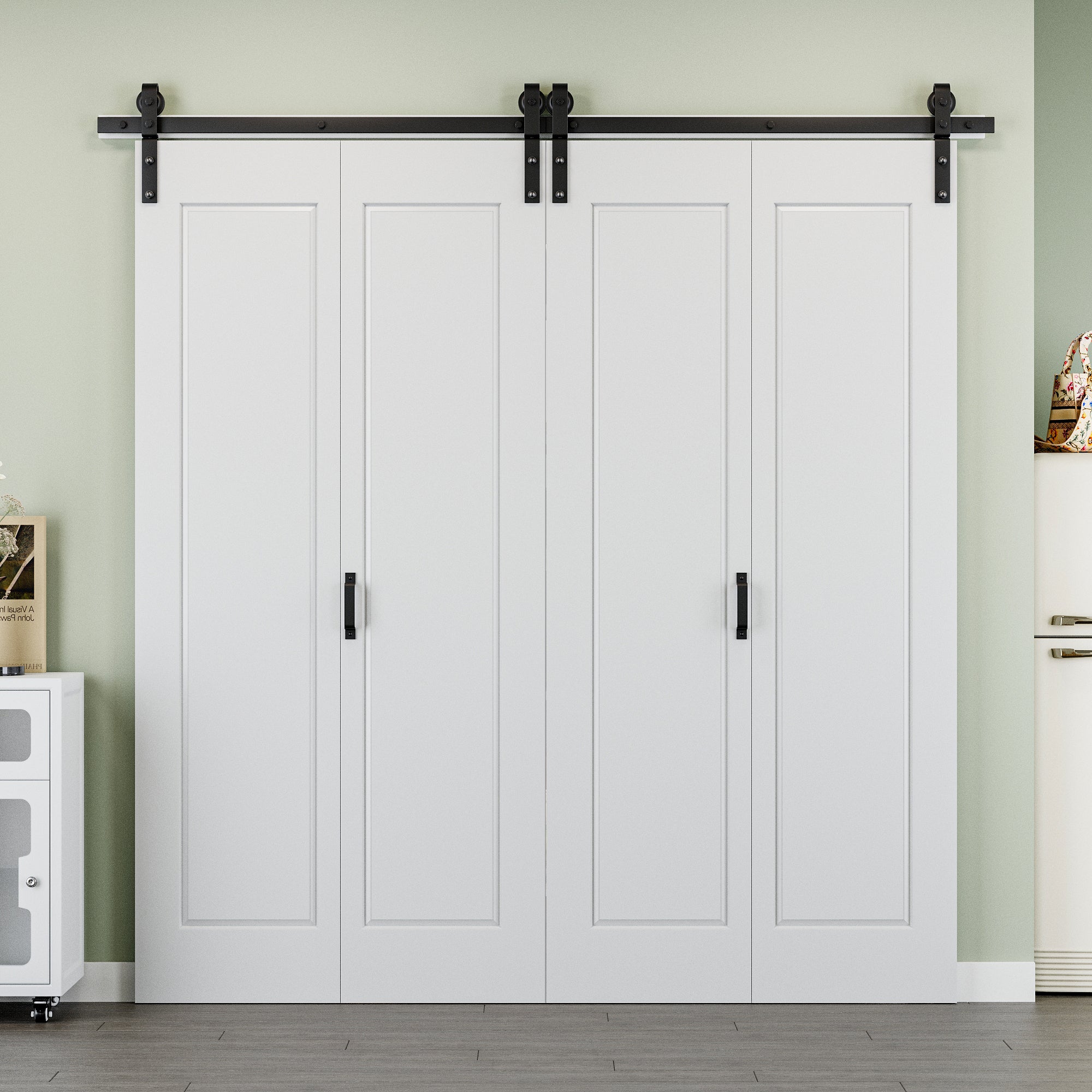 Ark Design Hollow Paneled 1-Lite White Primed MDF Composite Bi-fold Sliding Barn Door with Hardware Kit and Handle