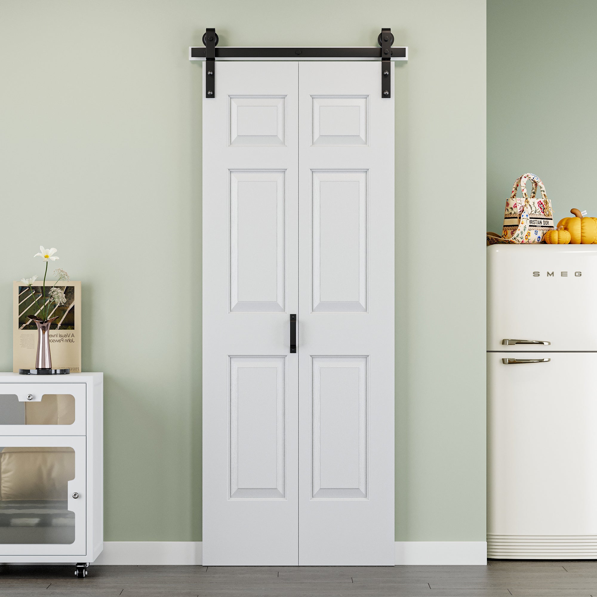 Ark Design Hollow Paneled 6-Lite White Primed MDF Composite Bi-fold Sliding Barn Door with Hardware Kit and Handle