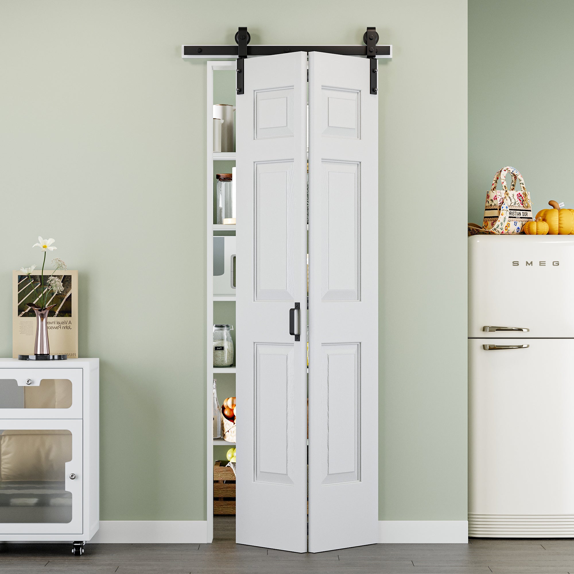 Ark Design Hollow Paneled 6-Lite White Primed MDF Composite Bi-fold Sliding Barn Door with Hardware Kit and Handle