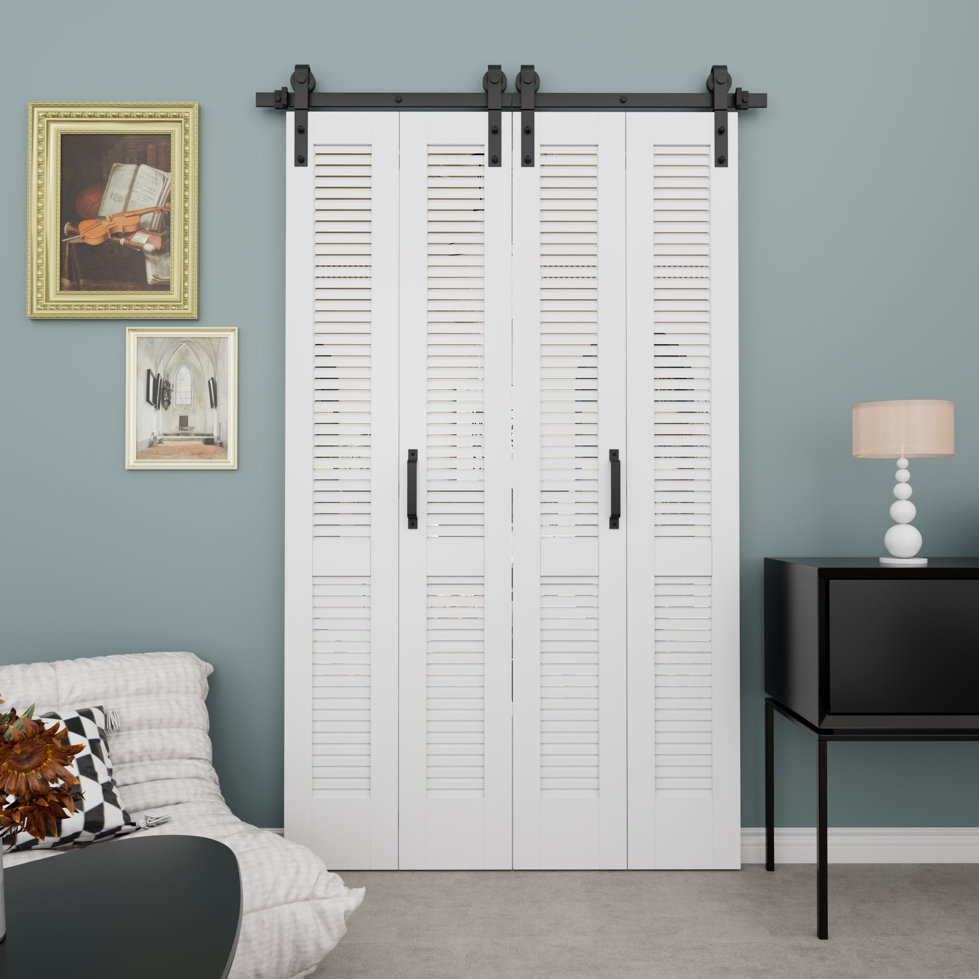 Louvered Closet Bifold Barn Door with Hardware Kit & Handle, Solid Core MDF Wood & PVC Covered, Finished, White