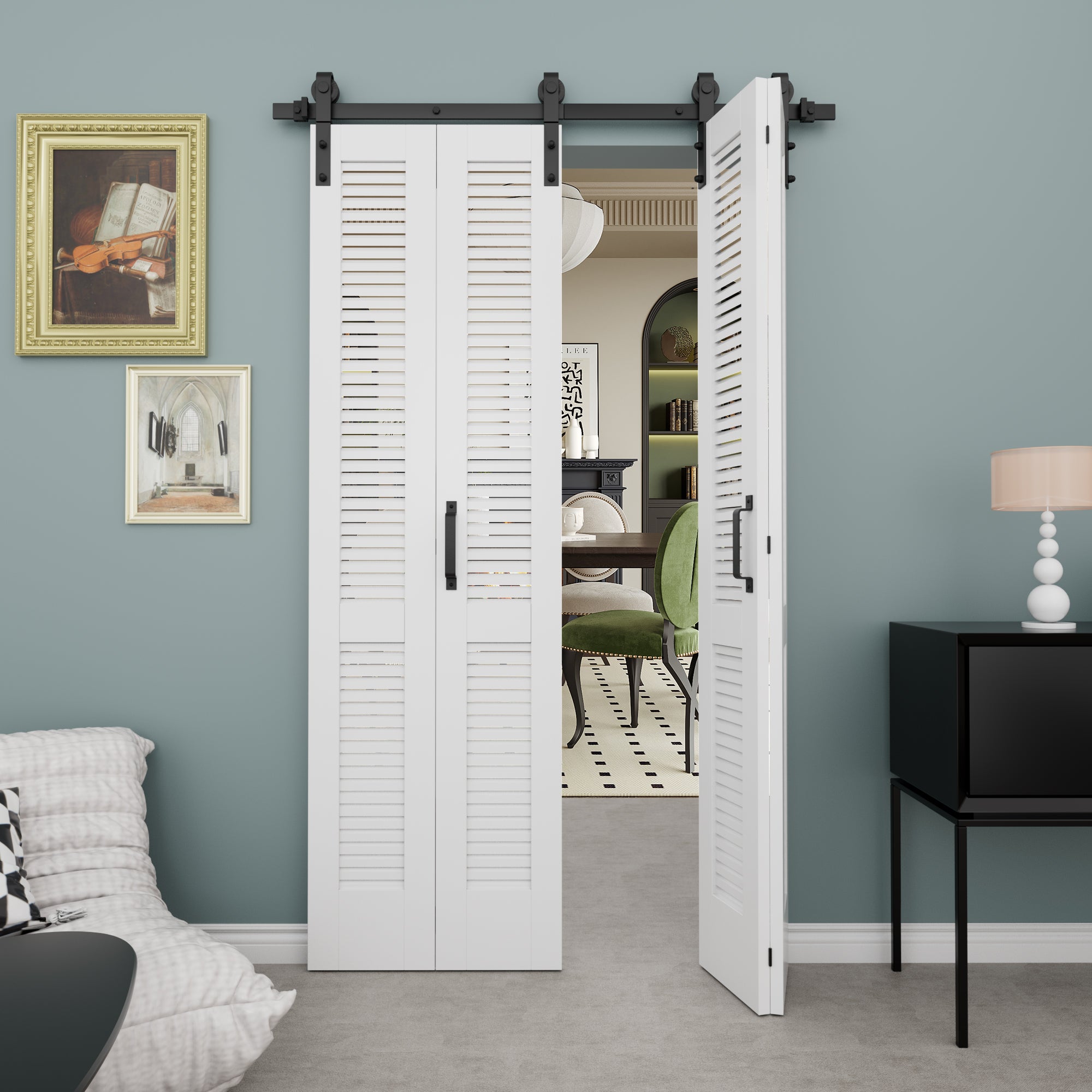 Louvered Closet Bifold Barn Door with Hardware Kit & Handle, Solid Core MDF Wood & PVC Covered, Finished, White
