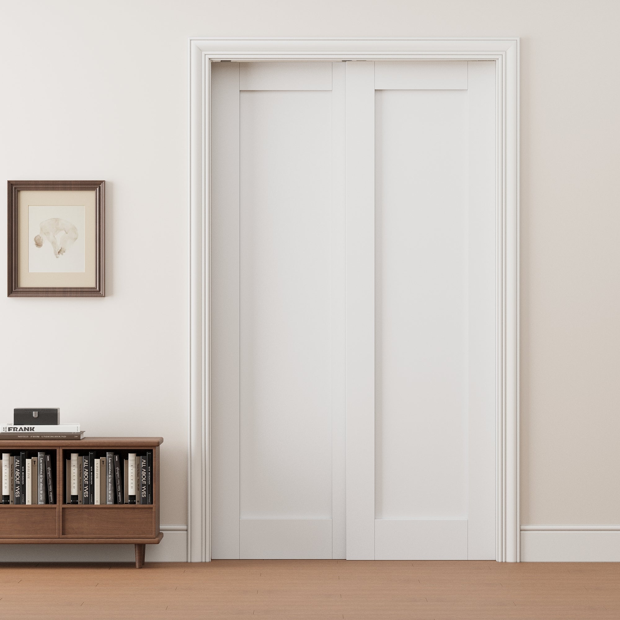 Ark Design 1 Panel Double Bypass Pocket Door with Hardware Kit & Soft Close & Frame, Solid Core MDF Wood & Paint-grade Finished, White