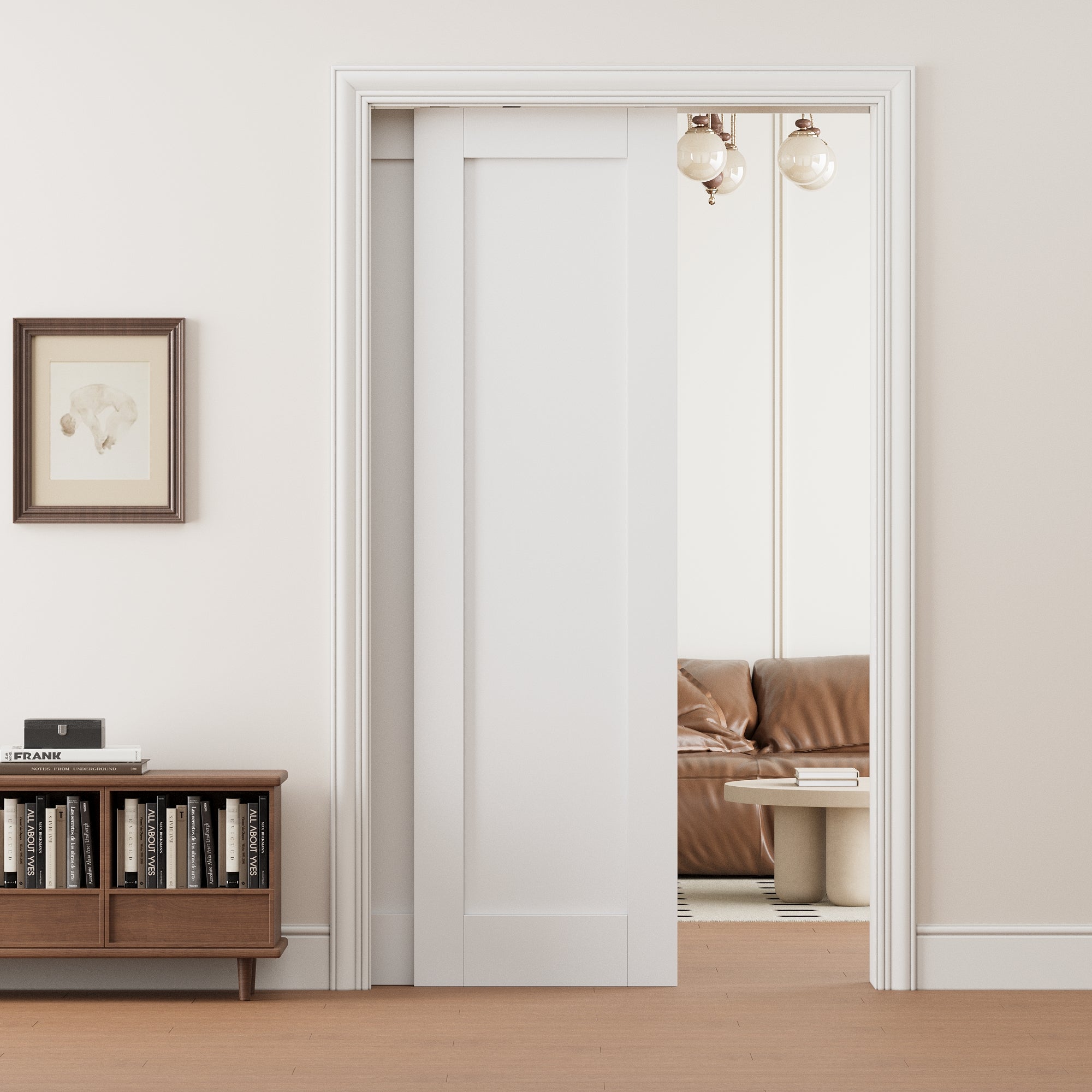 Ark Design 1 Panel Double Bypass Pocket Door with Hardware Kit & Soft Close & Frame, Solid Core MDF Wood & Paint-grade Finished, White