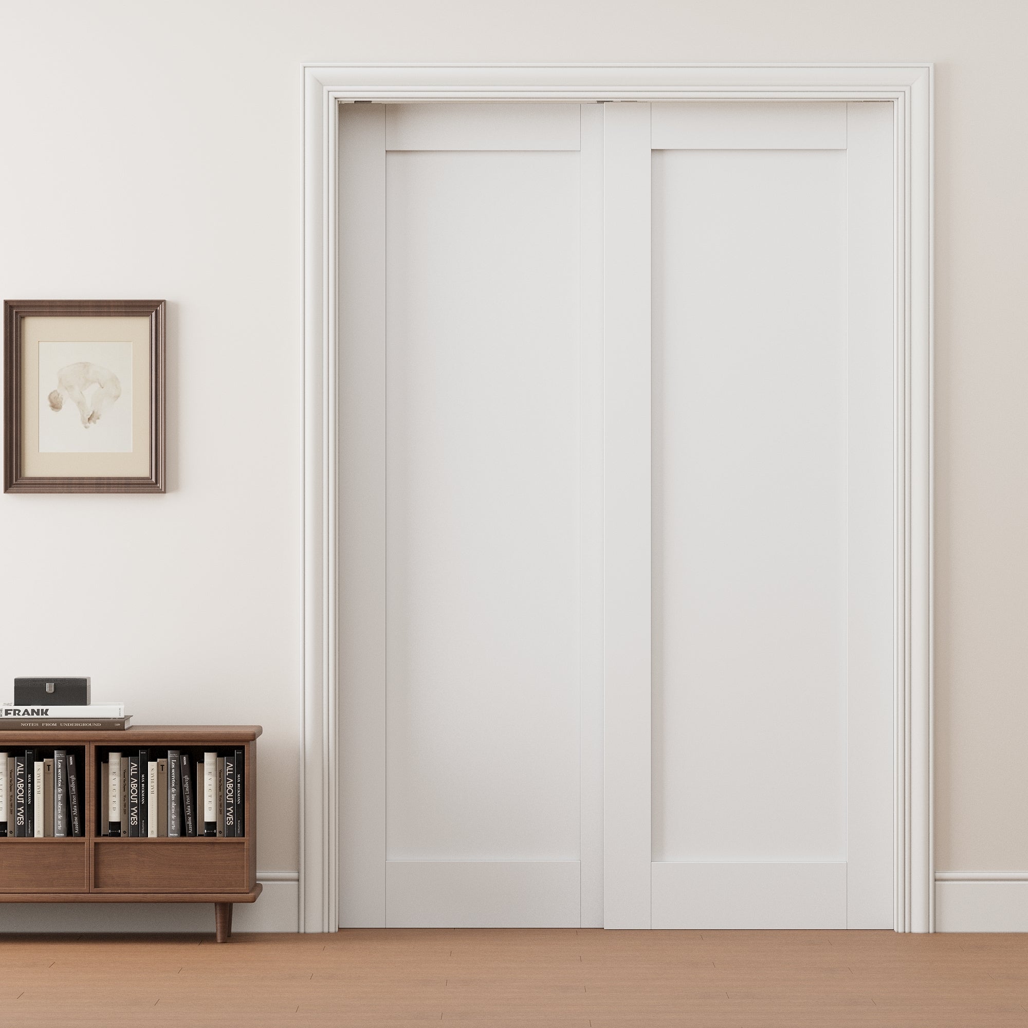 Ark Design 1 Panel Double Bypass Pocket Door with Hardware Kit & Soft Close & Frame, Solid Core MDF Wood & Paint-grade Finished, White