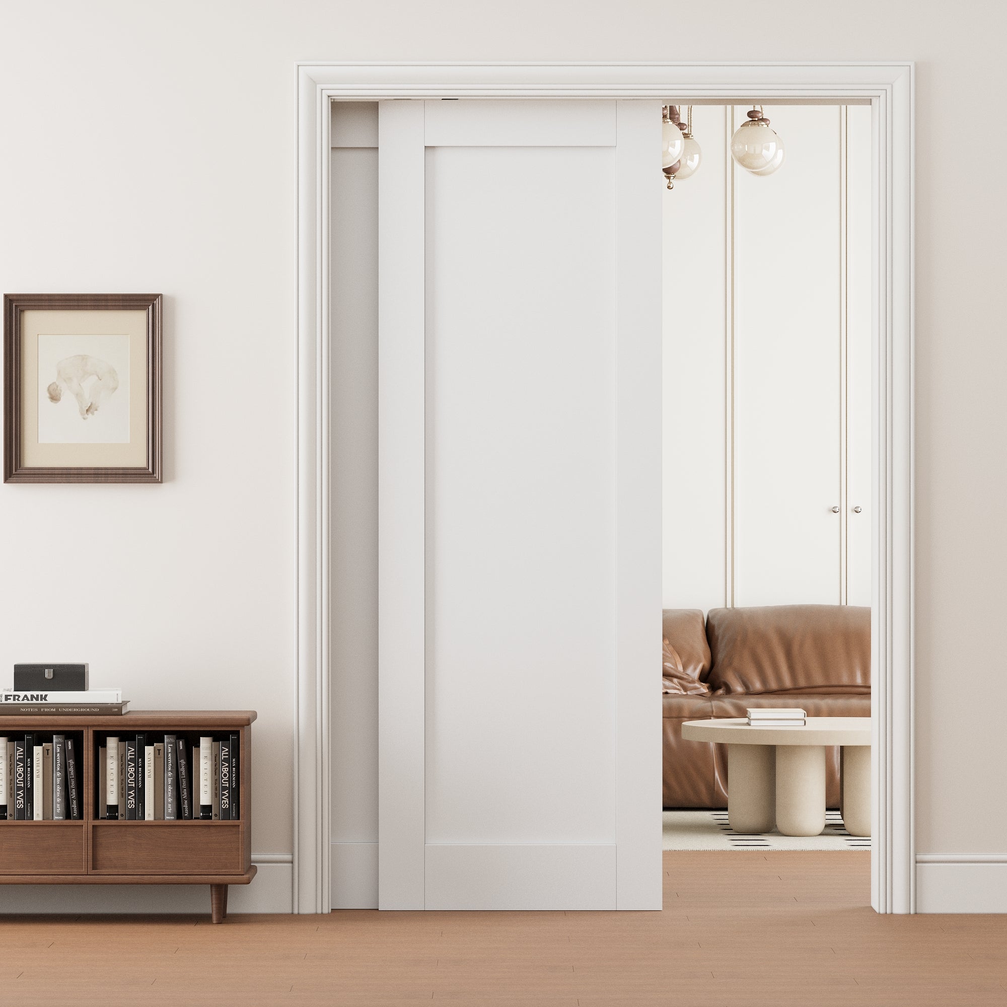 Ark Design 1 Panel Double Bypass Pocket Door with Hardware Kit & Soft Close & Frame, Solid Core MDF Wood & Paint-grade Finished, White