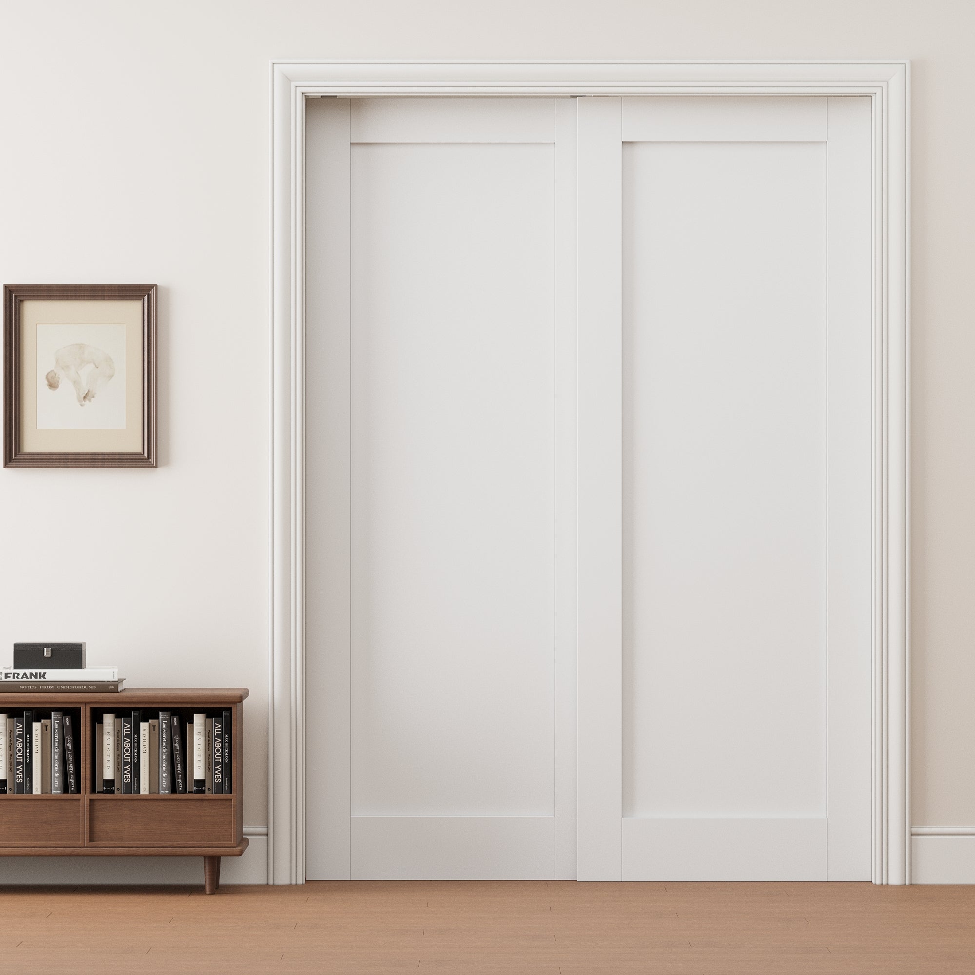 Ark Design 1 Panel Double Bypass Pocket Door with Hardware Kit & Soft Close & Frame, Solid Core MDF Wood & Paint-grade Finished, White