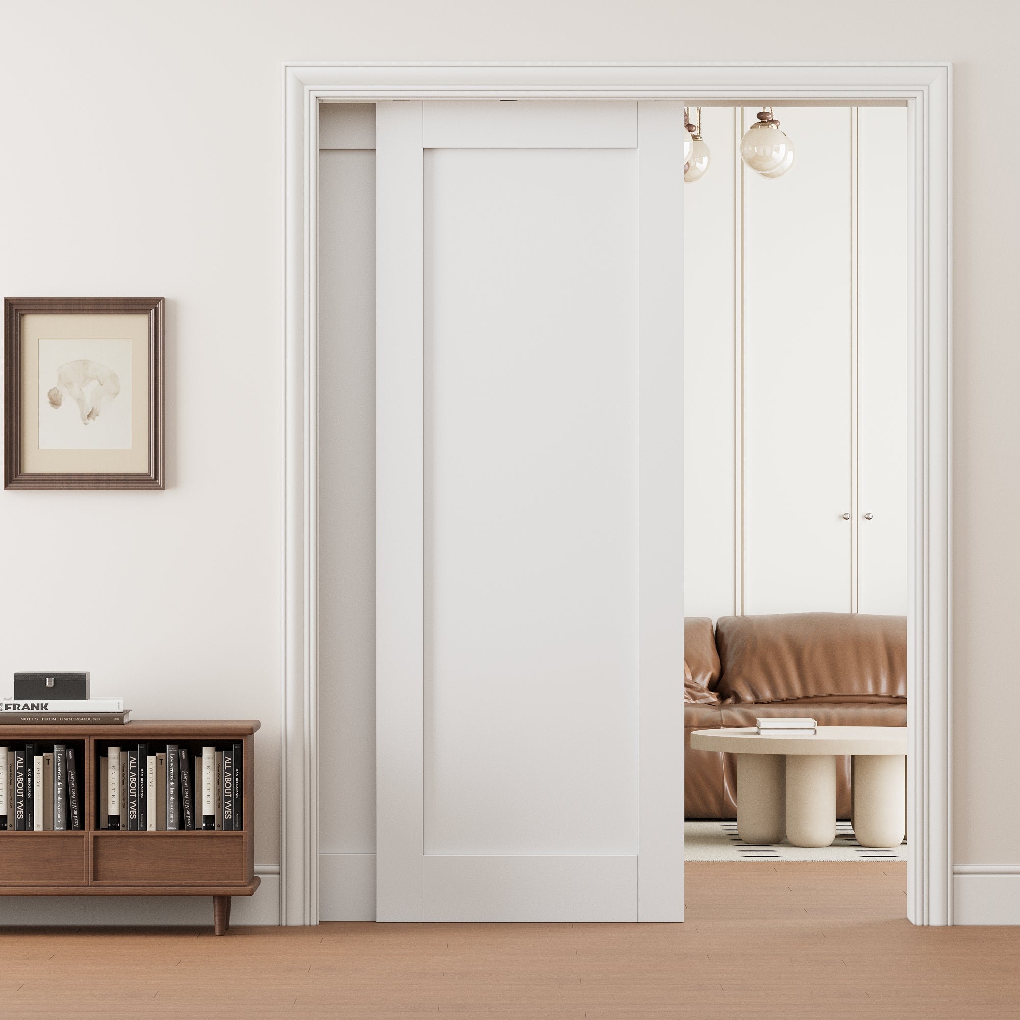Ark Design 1 Panel Double Bypass Pocket Door with Hardware Kit & Soft Close & Frame, Solid Core MDF Wood & Paint-grade Finished, White