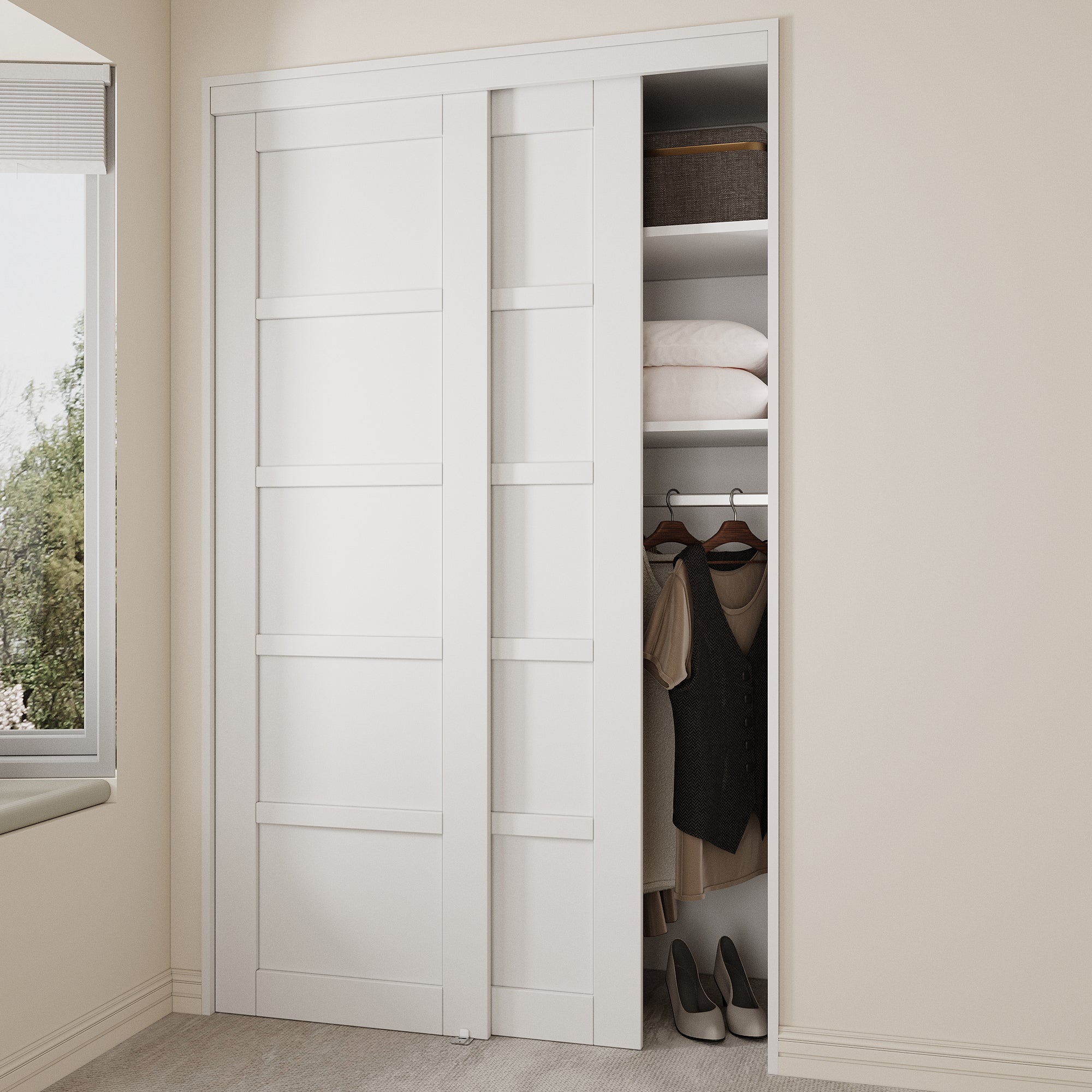 Paintable Ark Design Panel 5 lite Bypass Sliding Closet Door with Hardware Kit Solid Core MDF Wood Assembly Primed White