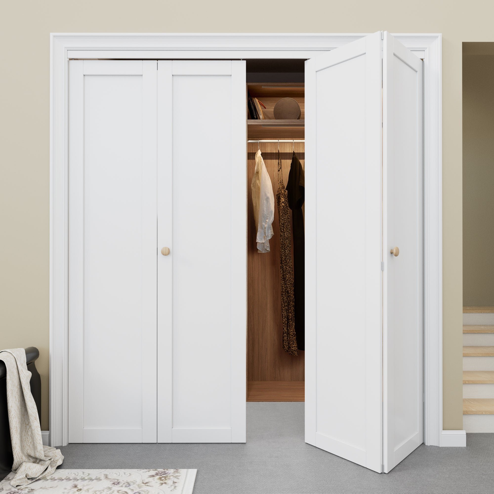 Paintable Ark Design Panel Bifold Door with Hardware Kit Knob Solid Core MDF Wood Primed White