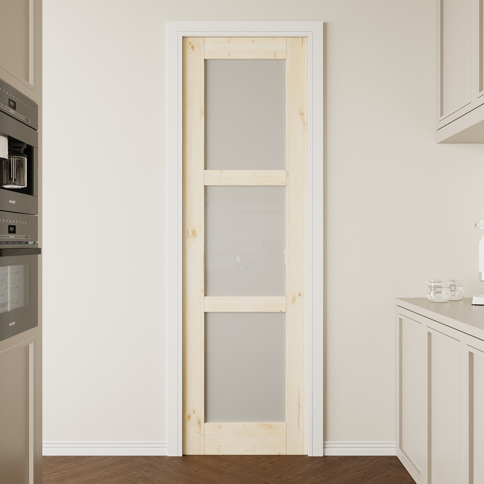 Ark Design Unfinished Solid Core Pine Wood 3-Lite Tempered Frosted Glass Interior Door Slab with/without Prehung Kit