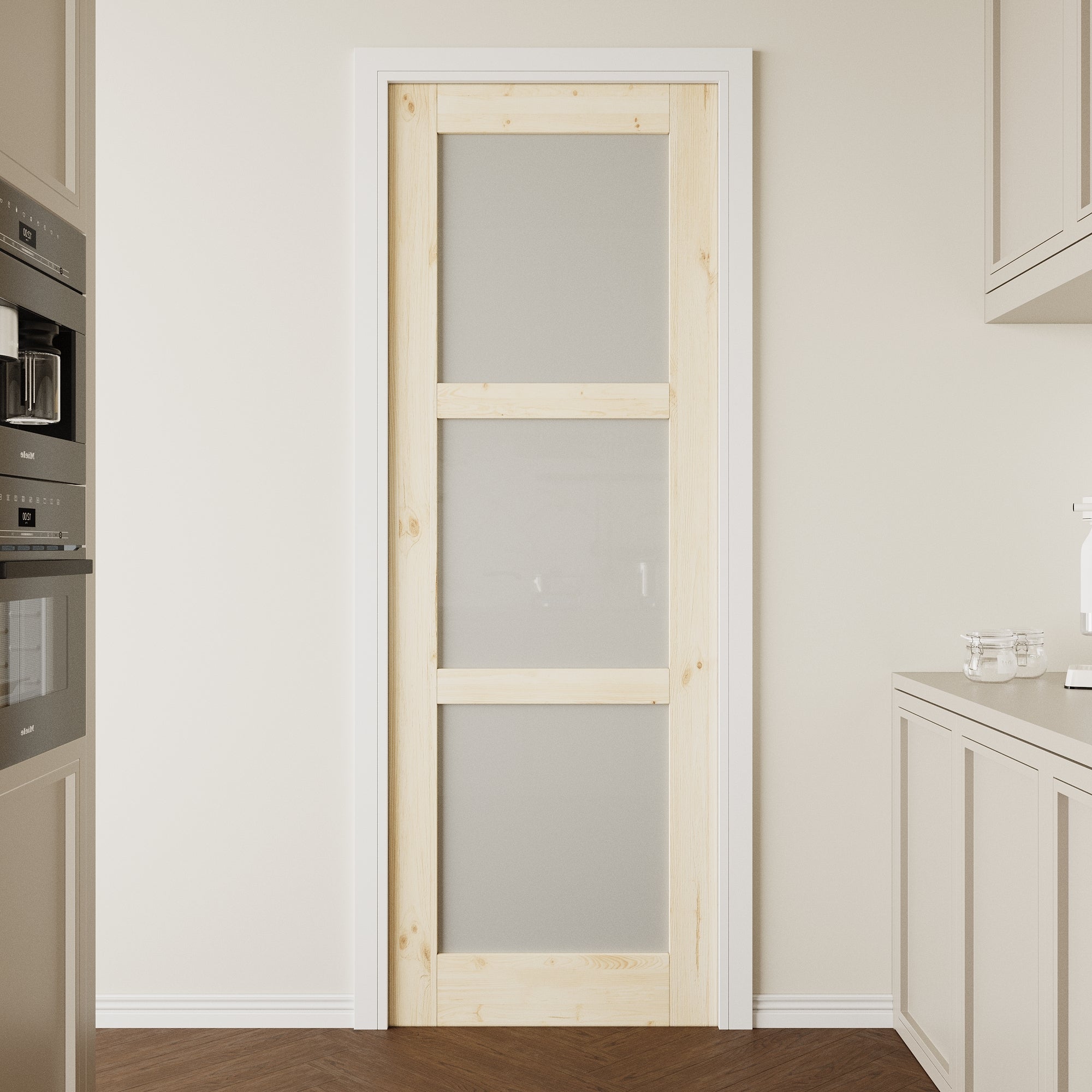 Ark Design Unfinished Solid Core Pine Wood 3-Lite Tempered Frosted Glass Interior Door Slab with/without Prehung Kit