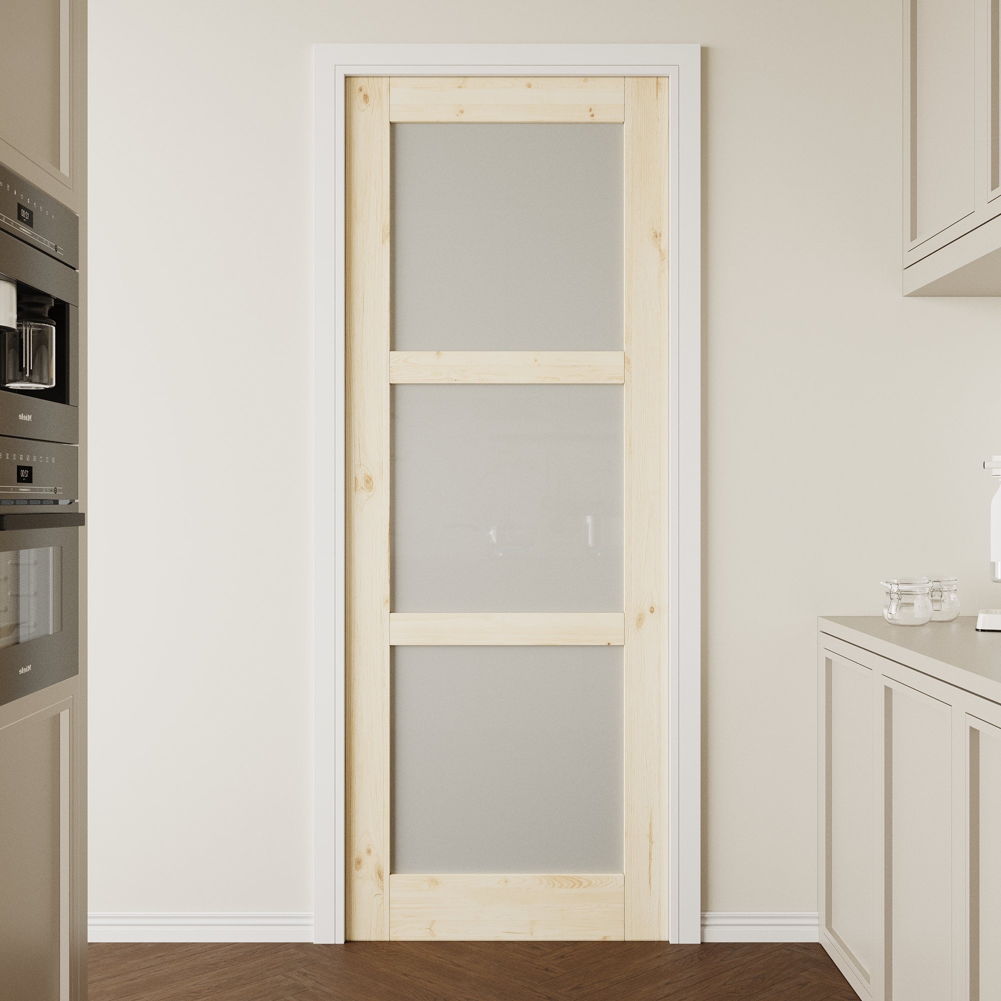 Ark Design Unfinished Solid Core Pine Wood 3-Lite Tempered Frosted Glass Interior Door Slab with/without Prehung Kit