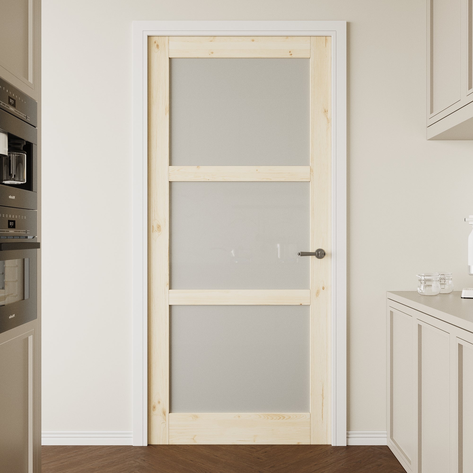 Ark Design Unfinished Solid Core Pine Wood 3-Lite Tempered Frosted Glass Interior Door Slab with/without Prehung Kit