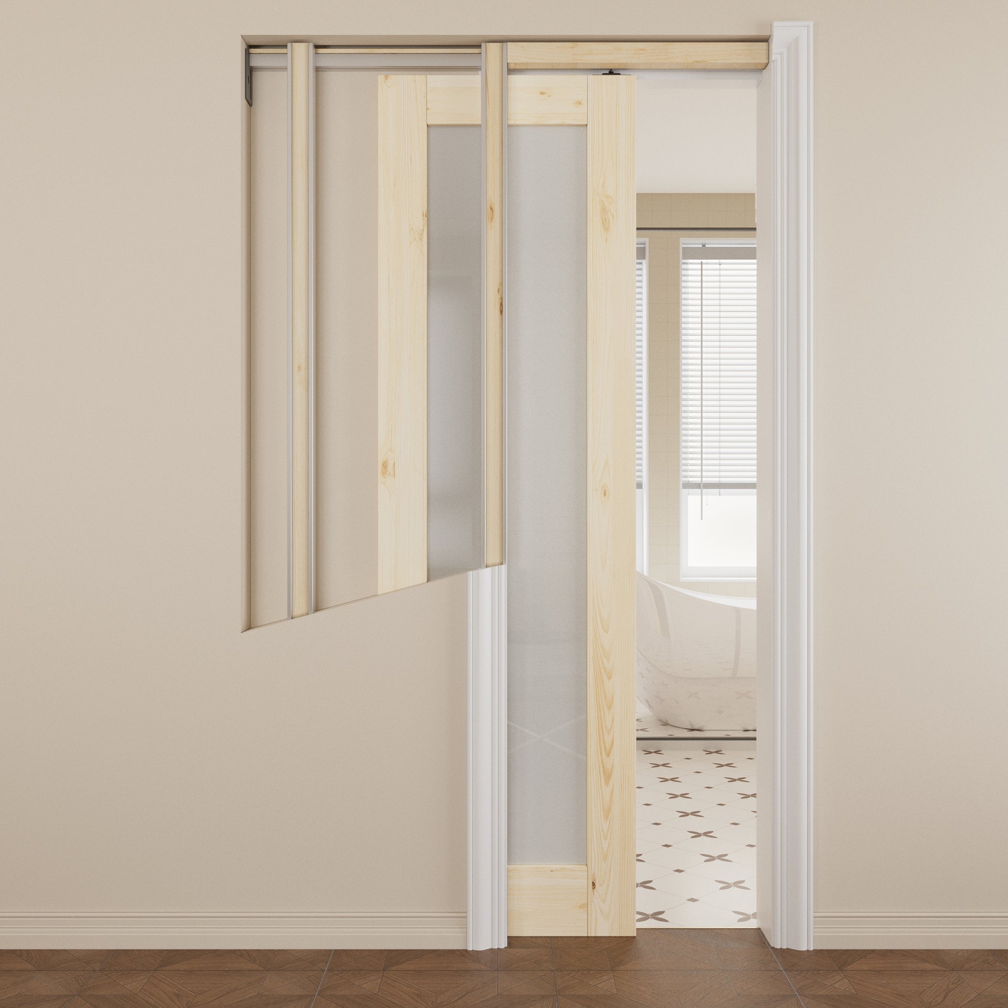 Ark Design 1-lite Tempered Frosted Glass Pocket Door with Hardware Kit & Soft Close, Pine Wood & Unfinished