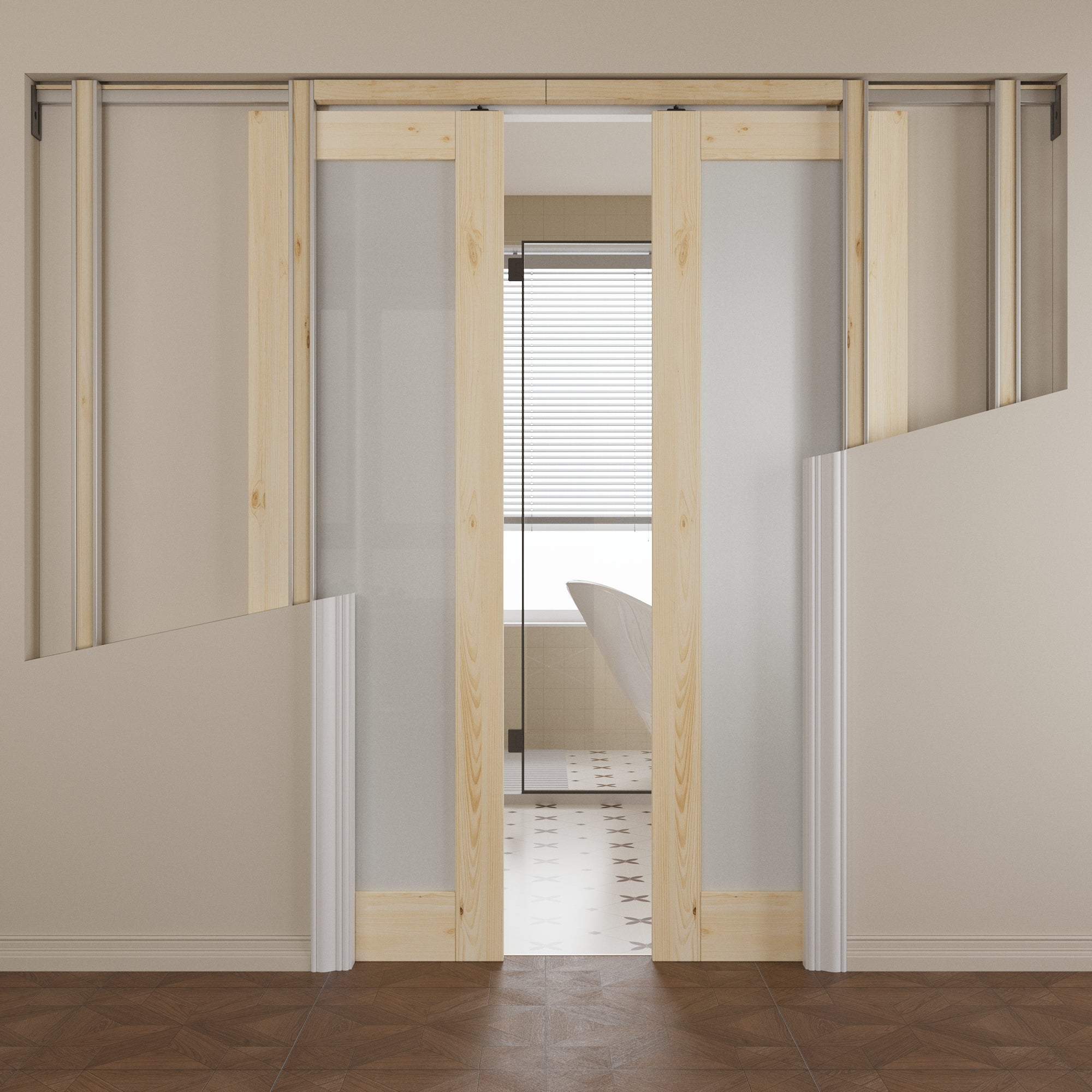 Ark Design 1-lite Tempered Frosted Glass Pocket Door with Hardware Kit & Soft Close, Pine Wood & Unfinished