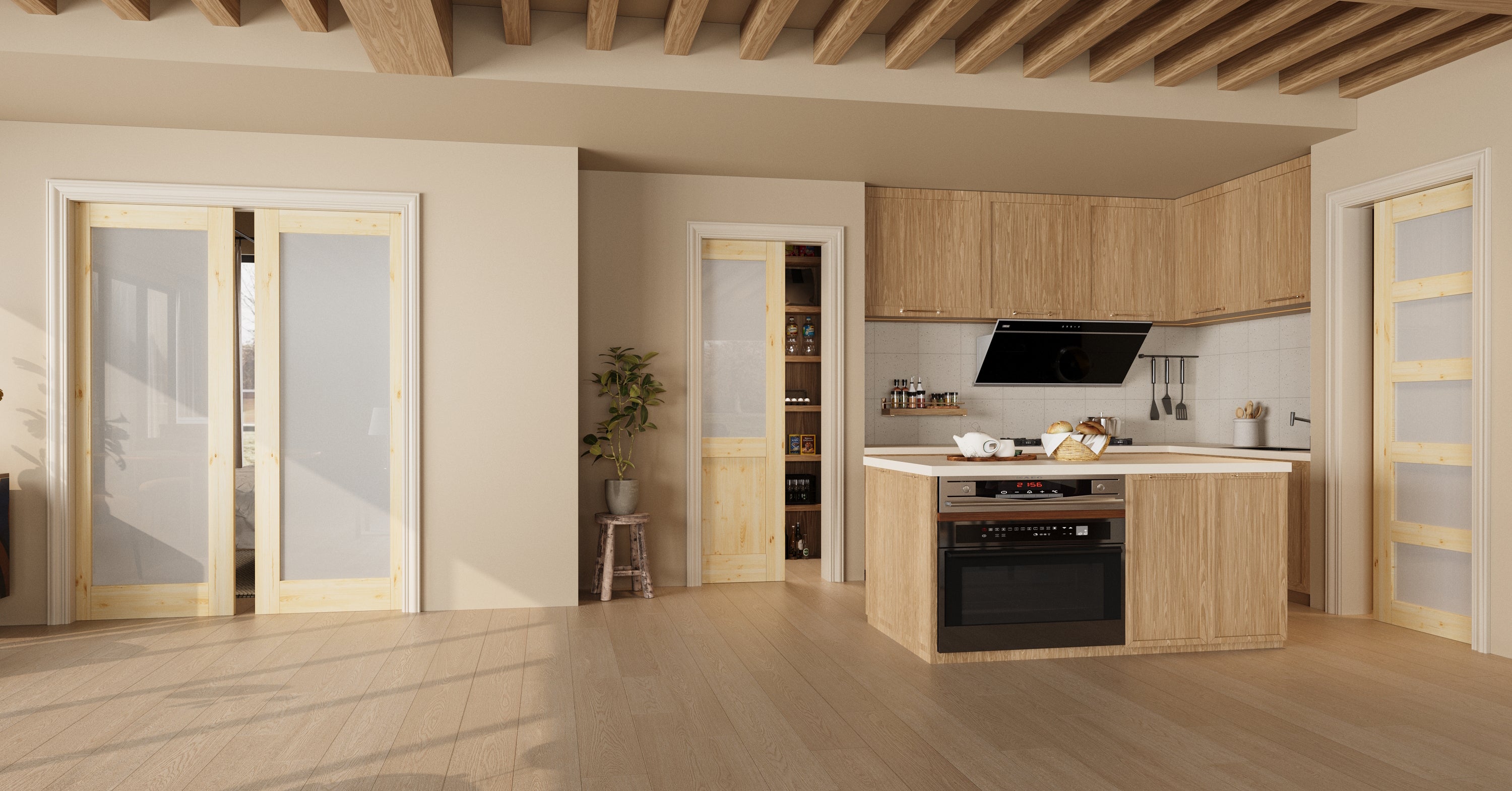 Ark Design Half-lite Tempered Frosted Glass Pocket Door with Hardware Kit & Soft Close, Pine Wood & Unfinished