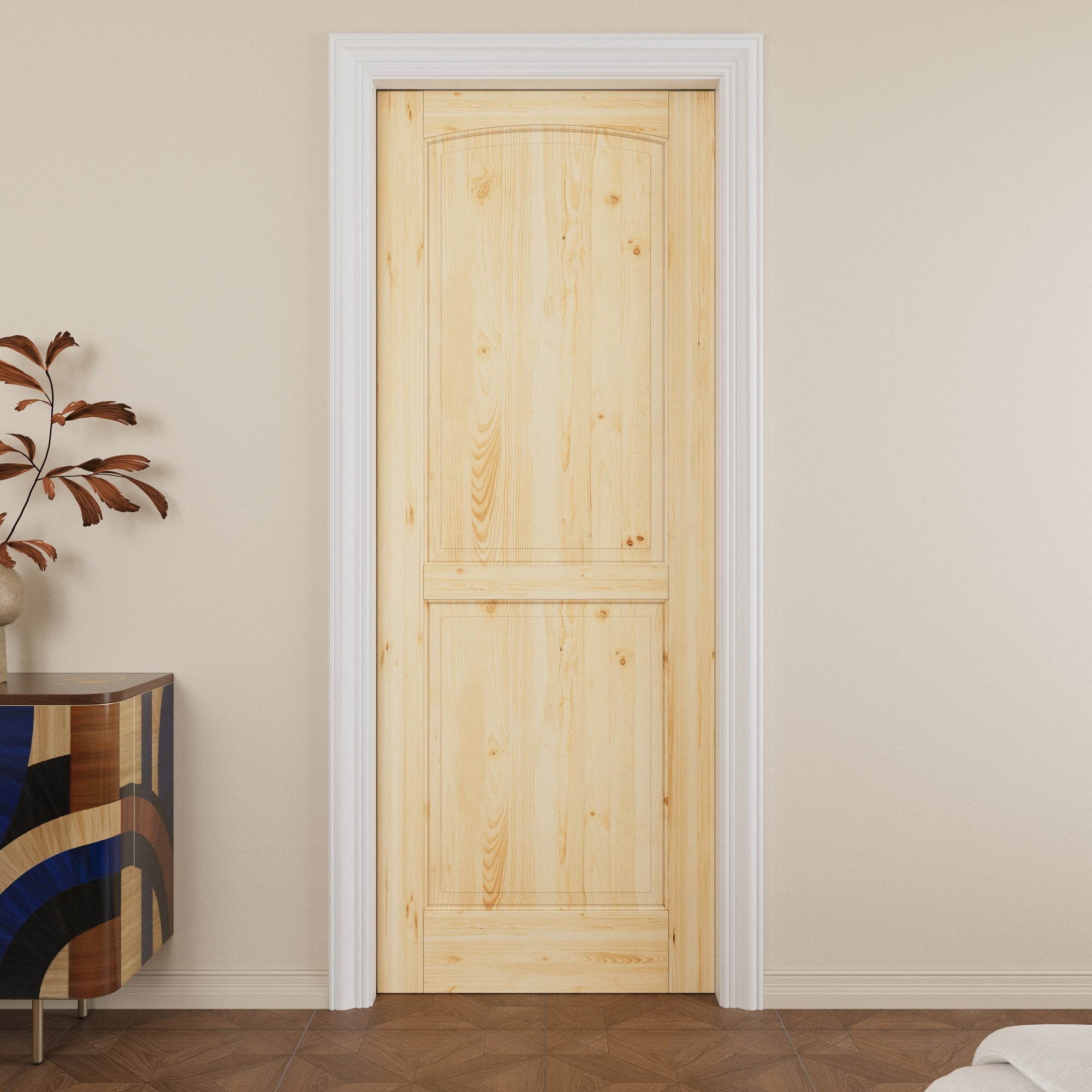 Ark Design 2-Panel Arch Top Solid Core Pine Wood Pocket Door with Hardware Kit & Soft Close & Frame, Unfinished Natural Pine Wood