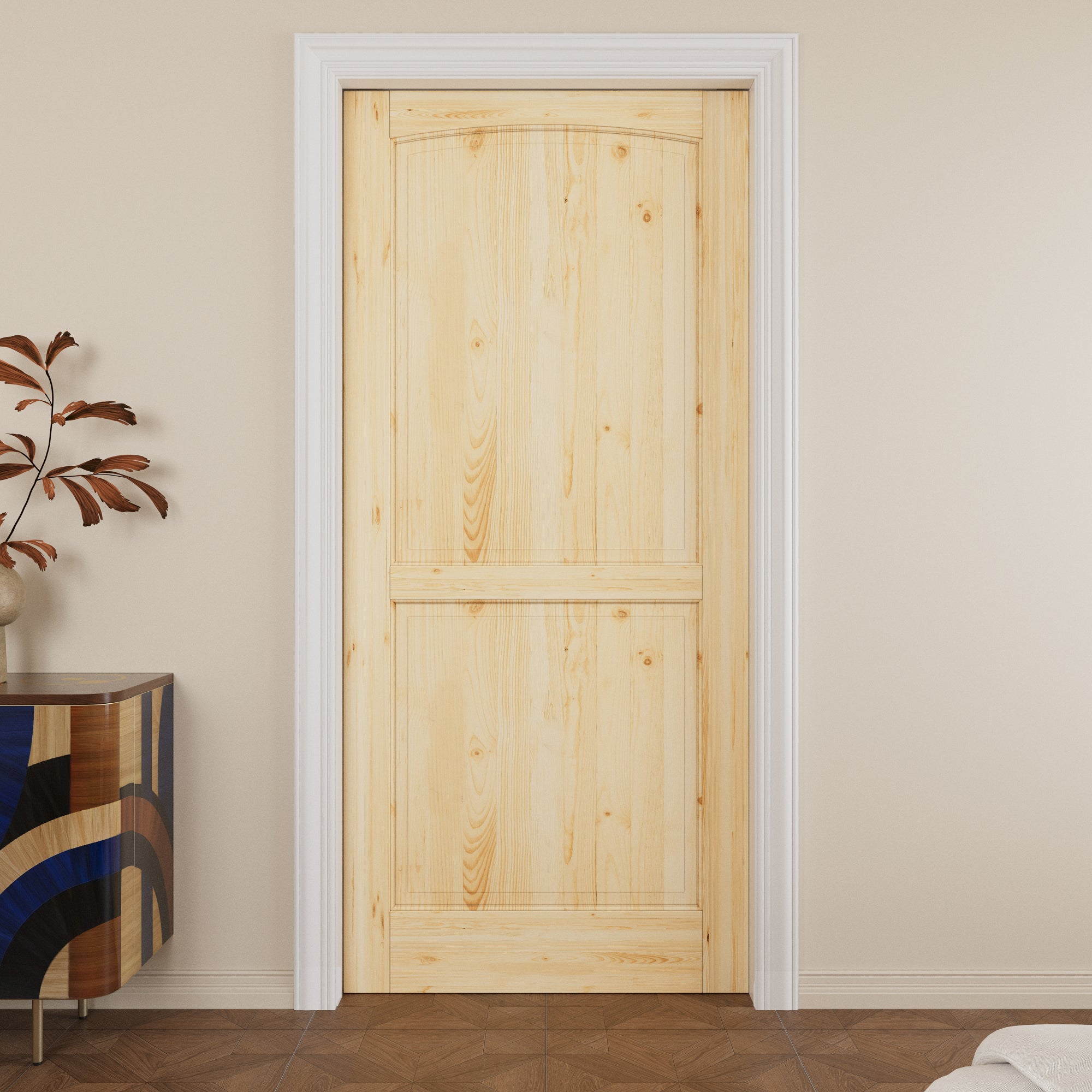 Ark Design 2-Panel Arch Top Solid Core Pine Wood Pocket Door with Hardware Kit & Soft Close & Frame, Unfinished Natural Pine Wood