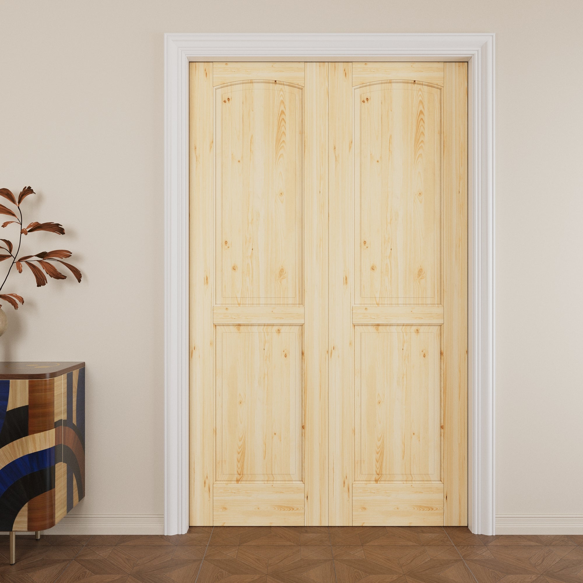 Ark Design 2-Panel Arch Top Solid Core Pine Wood Pocket Door with Hardware Kit & Soft Close & Frame, Unfinished Natural Pine Wood