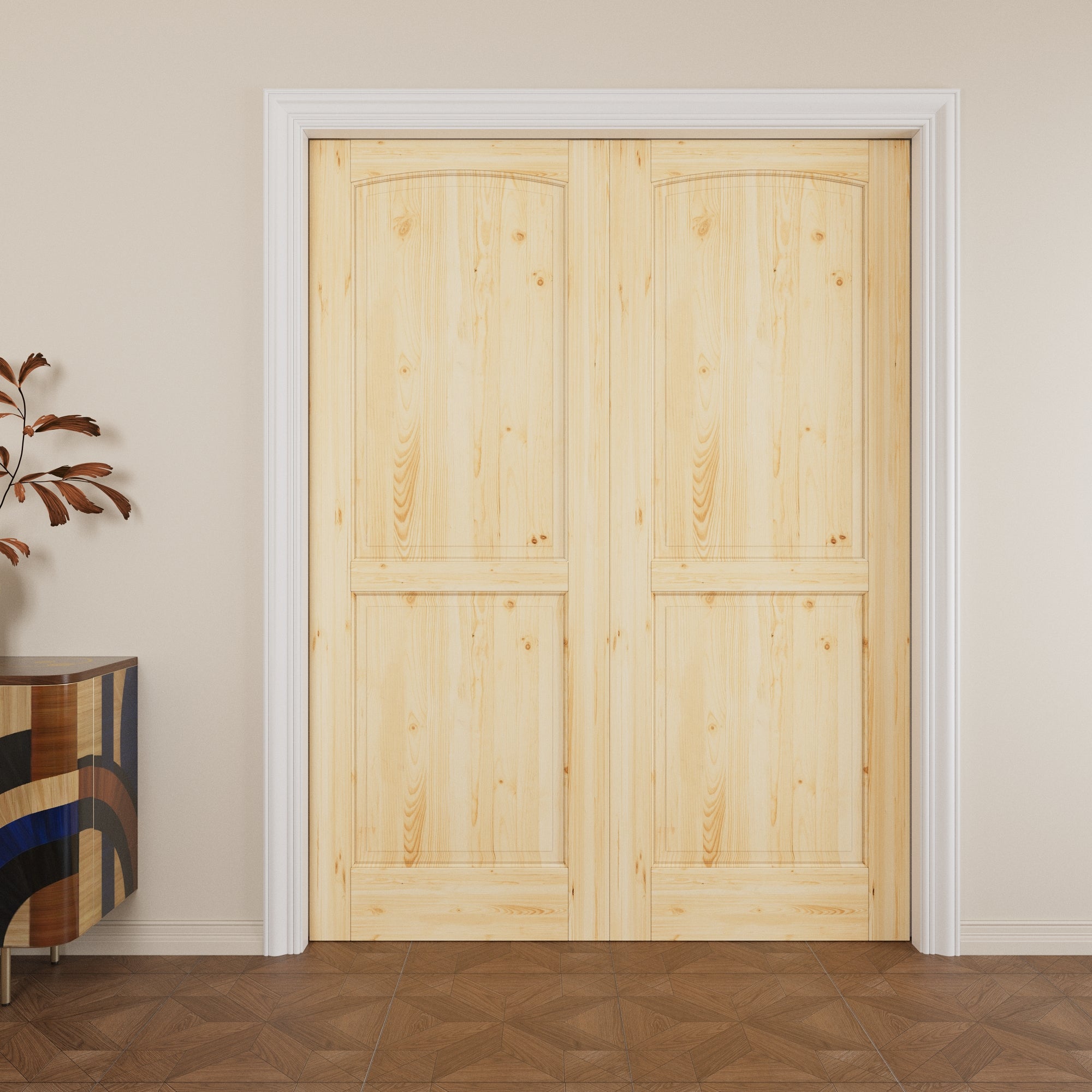 Ark Design 2-Panel Arch Top Solid Core Pine Wood Pocket Door with Hardware Kit & Soft Close & Frame, Unfinished Natural Pine Wood