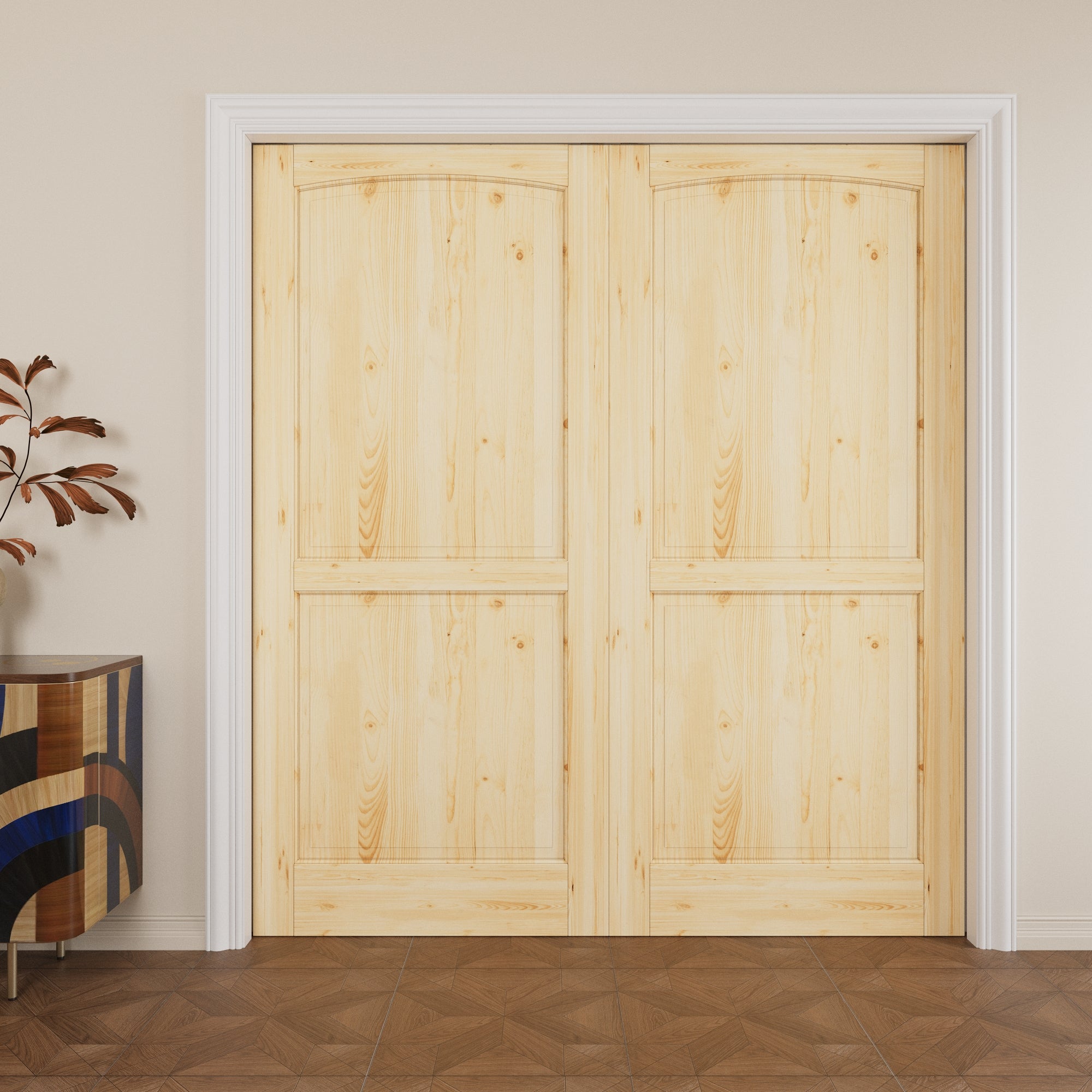 Ark Design 2-Panel Arch Top Solid Core Pine Wood Pocket Door with Hardware Kit & Soft Close & Frame, Unfinished Natural Pine Wood