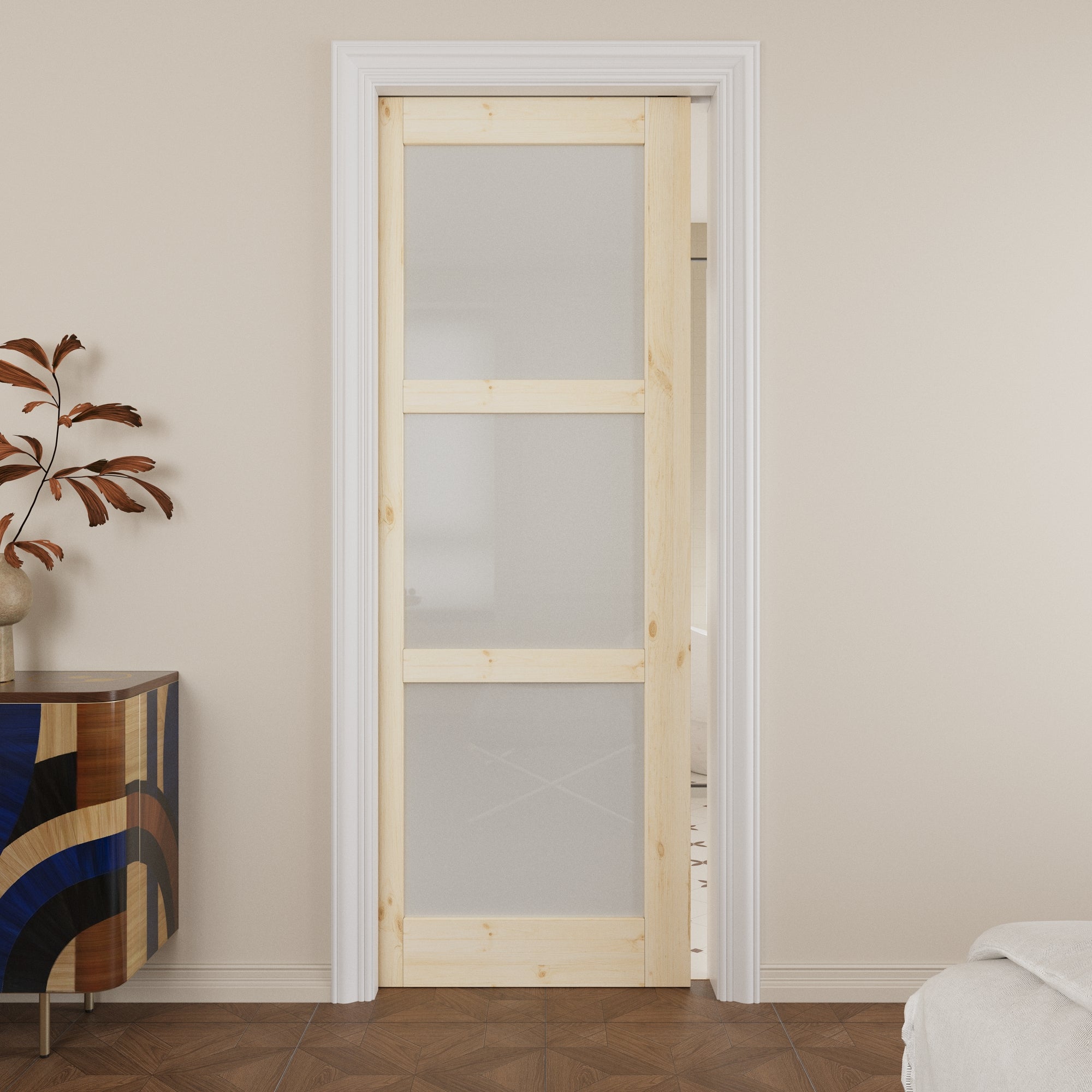 Ark Design 3-lite Tempered Frosted Glass Pocket Door with Hardware Kit & Soft Close, Pine Wood & Unfinished