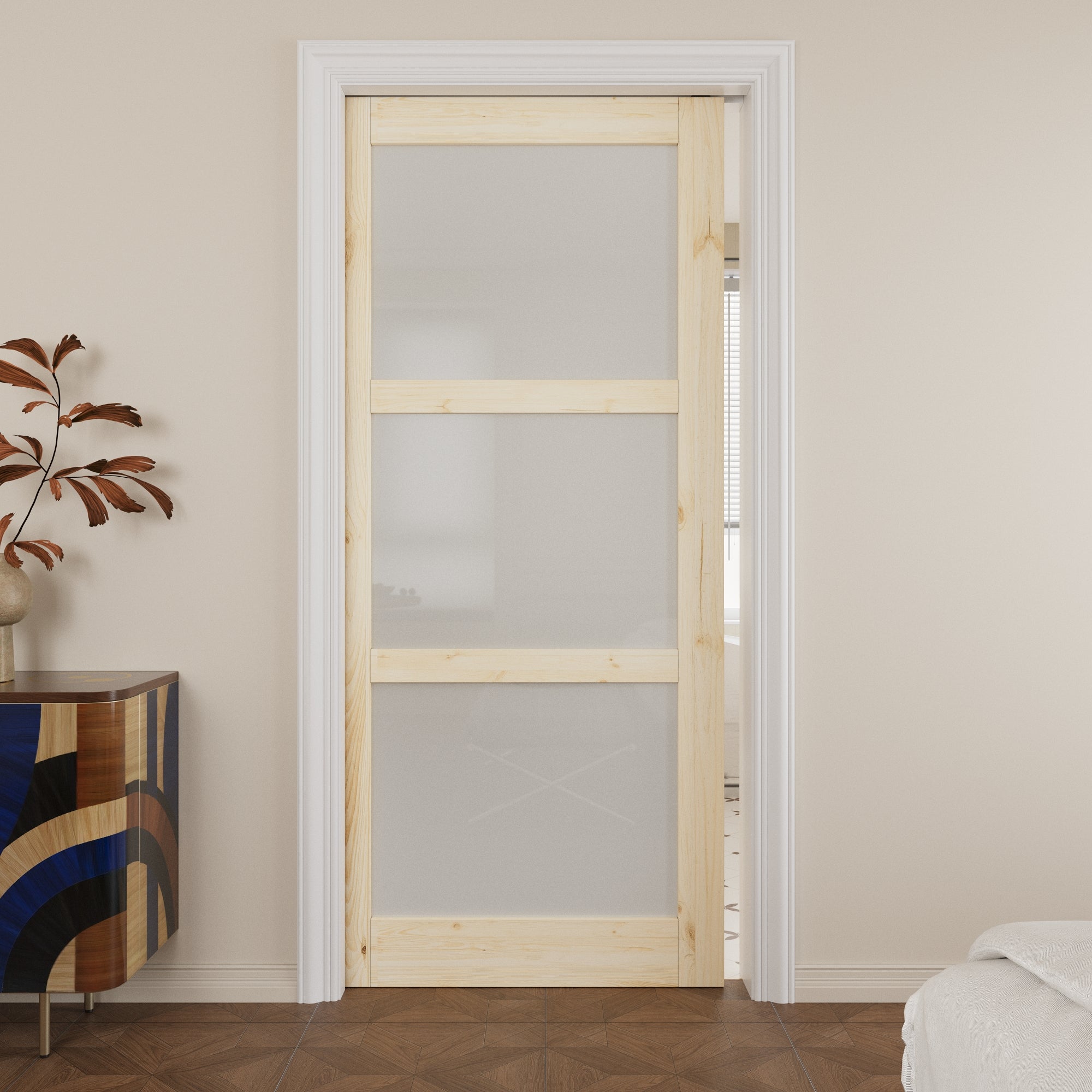 Ark Design 3-lite Tempered Frosted Glass Pocket Door with Hardware Kit & Soft Close, Pine Wood & Unfinished