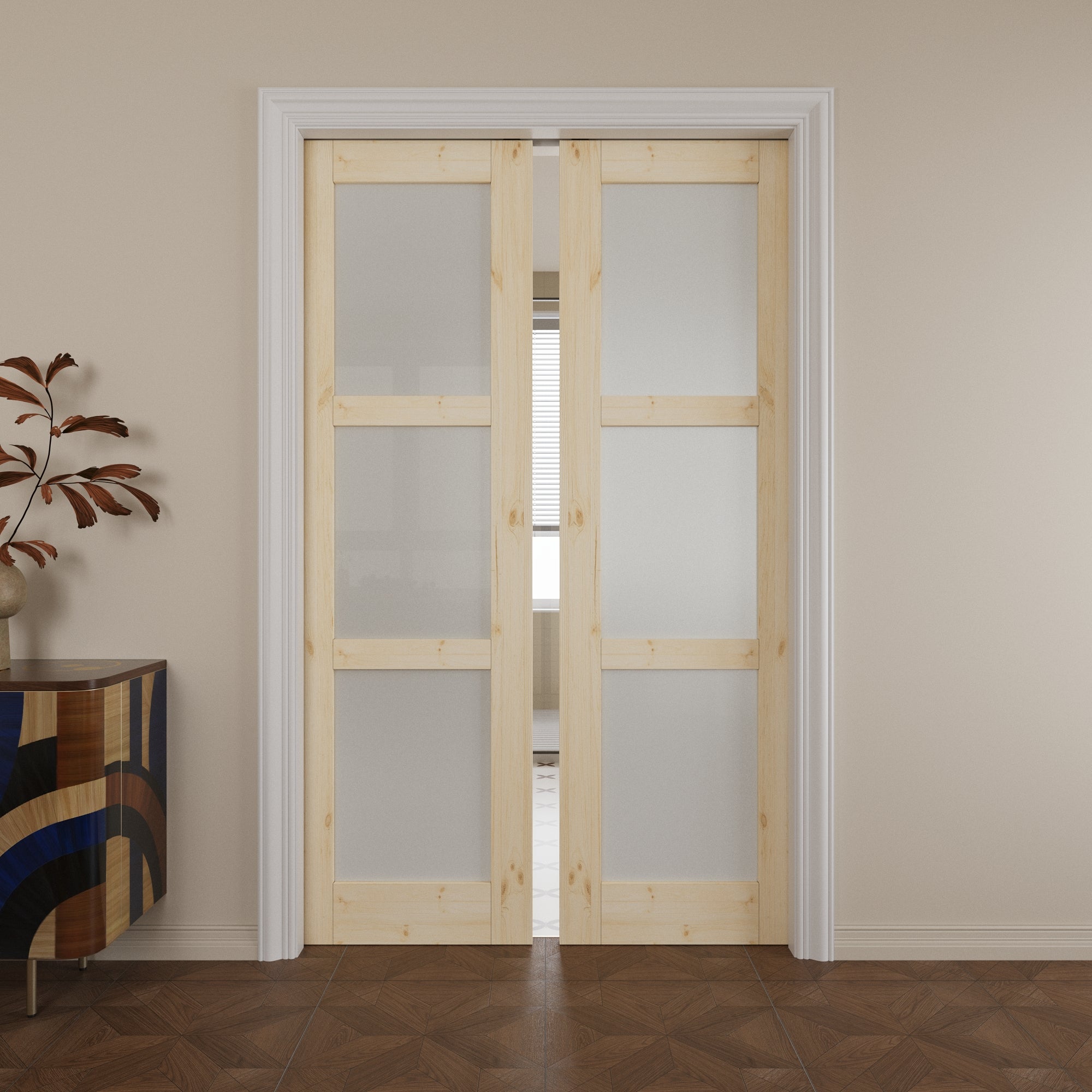 Ark Design 3-lite Tempered Frosted Glass Pocket Door with Hardware Kit & Soft Close, Pine Wood & Unfinished