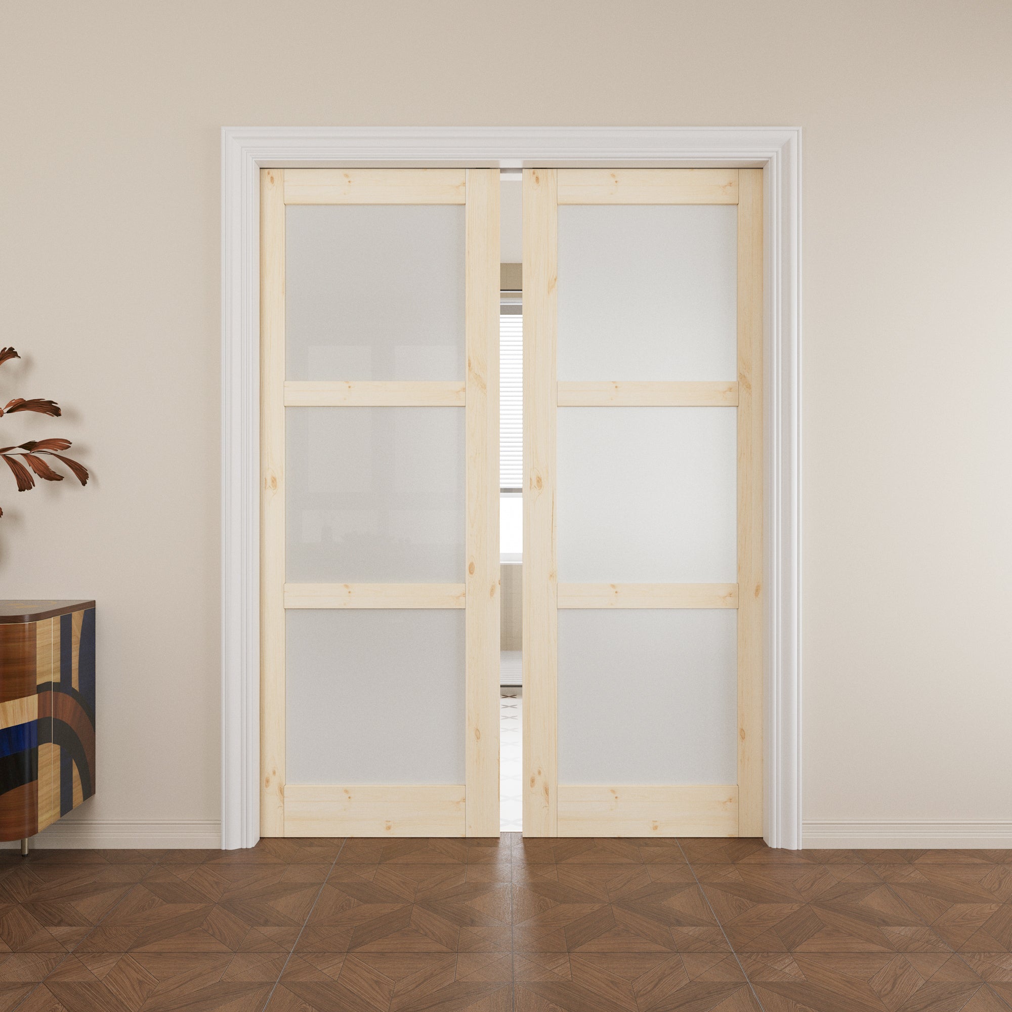 Ark Design 3-lite Tempered Frosted Glass Pocket Door with Hardware Kit & Soft Close, Pine Wood & Unfinished