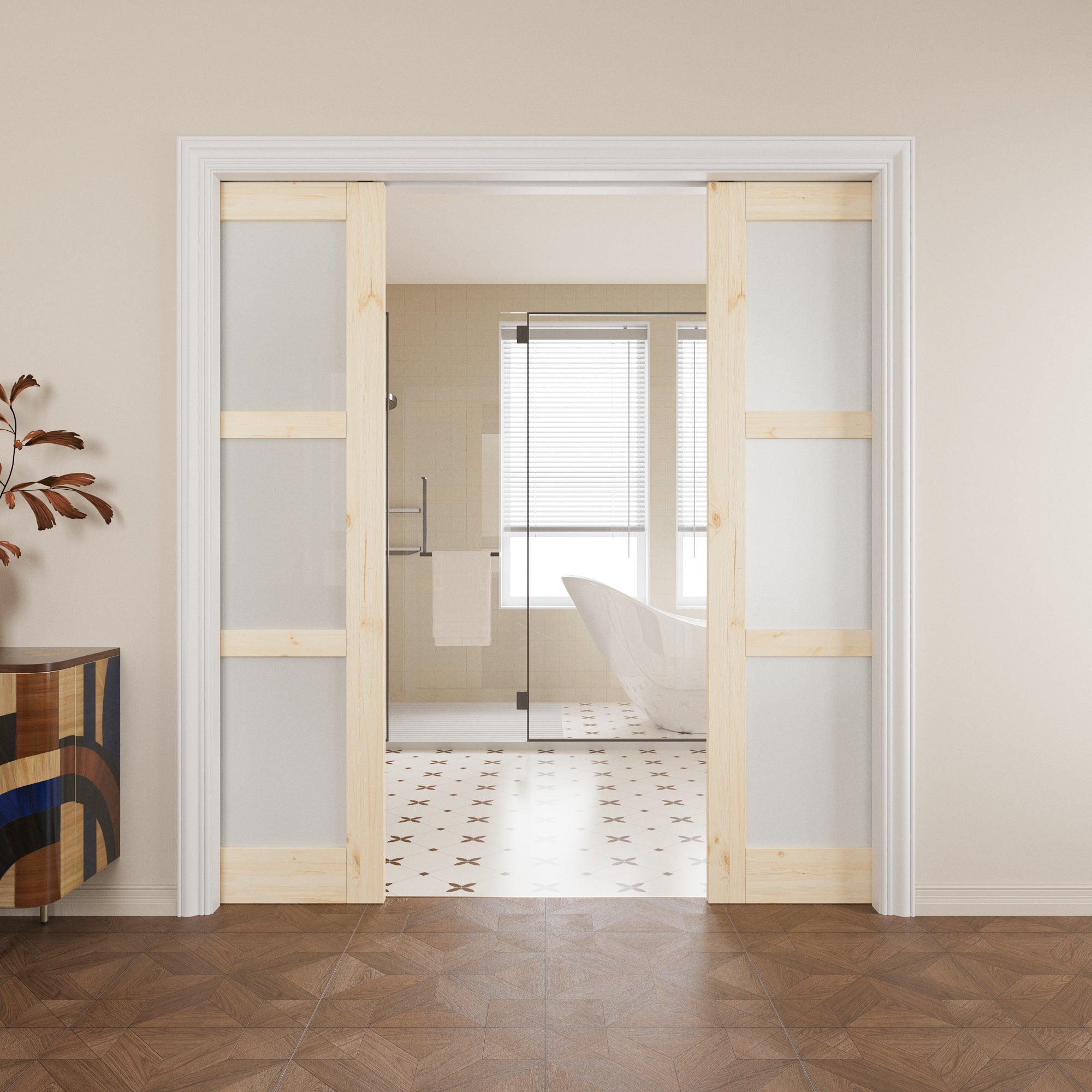 Ark Design 3-lite Tempered Frosted Glass Pocket Door with Hardware Kit & Soft Close, Pine Wood & Unfinished