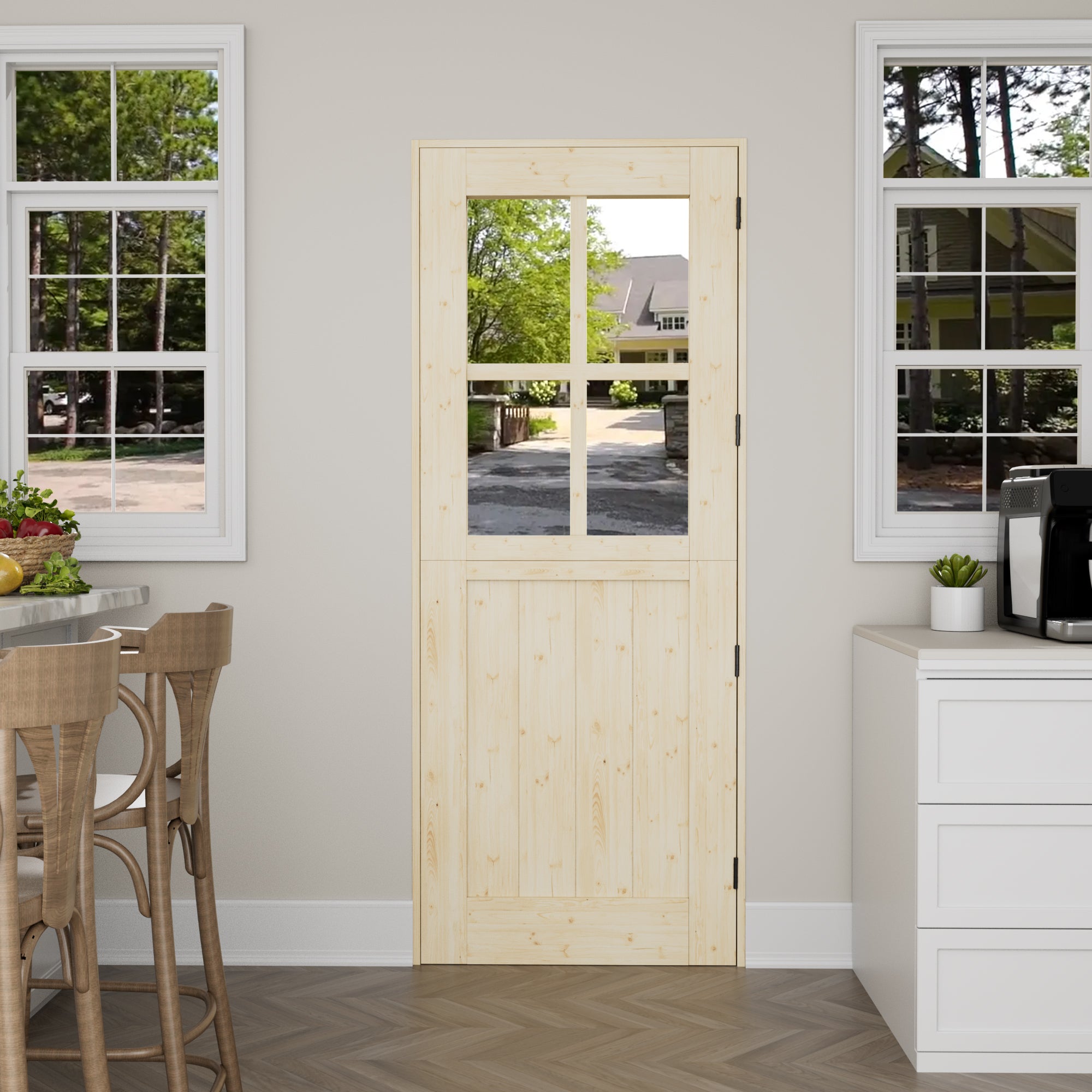 Ark Design Solid Pine Universal 4 Lite Clear Glass Unfinished Dutch Door, Pine Wood Front Door with/without Ready-to-Assemble Jamb