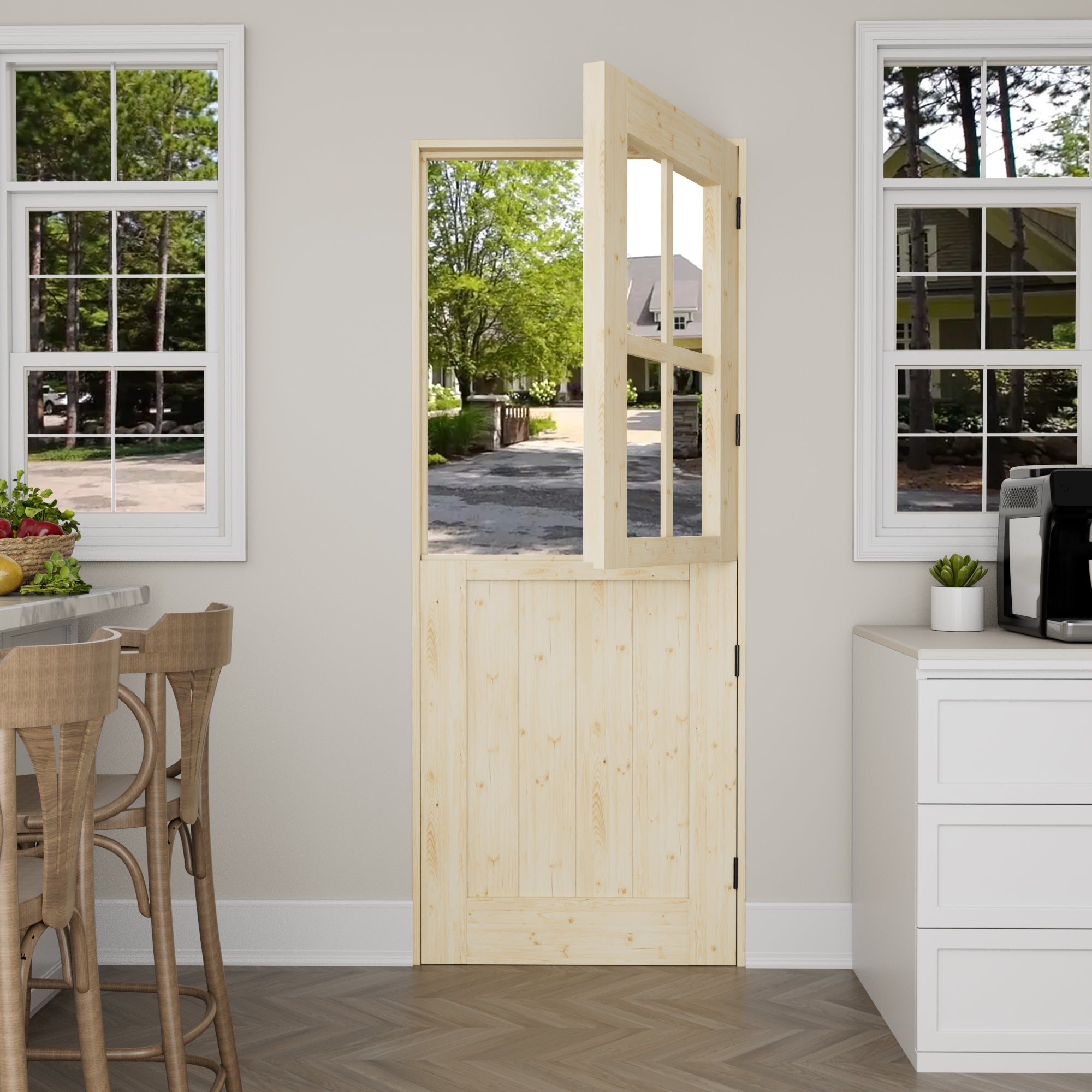 Ark Design Solid Pine Universal 4 Lite Clear Glass Unfinished Dutch Door, Pine Wood Front Door with/without Ready-to-Assemble Jamb