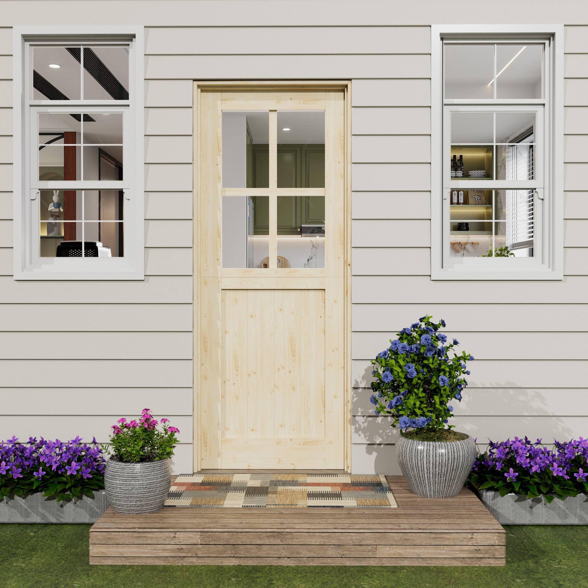 Ark Design Solid Pine Universal 4 Lite Clear Glass Unfinished Dutch Door, Pine Wood Front Door with/without Ready-to-Assemble Jamb