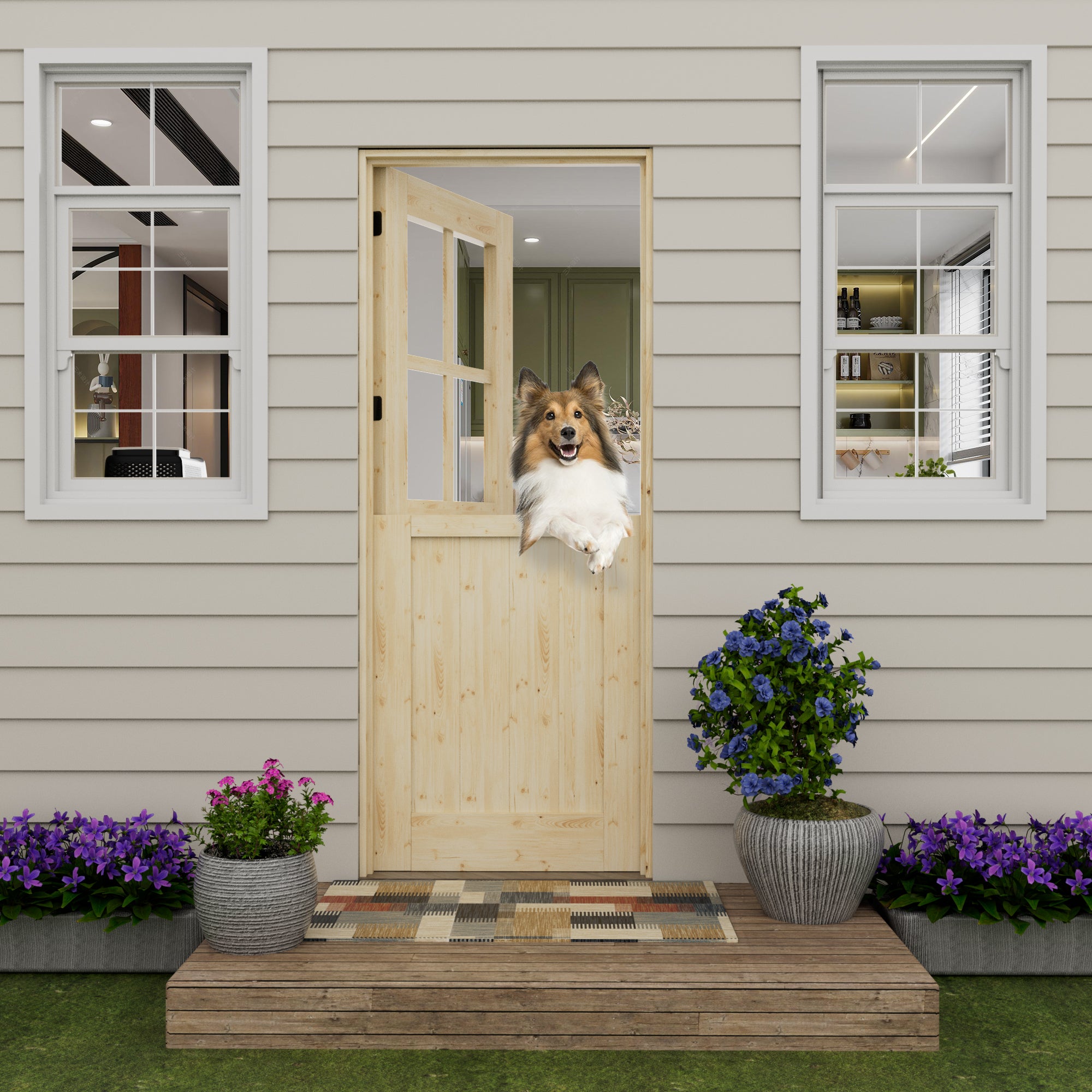Ark Design Solid Pine Universal 4 Lite Clear Glass Unfinished Dutch Door, Pine Wood Front Door with/without Ready-to-Assemble Jamb