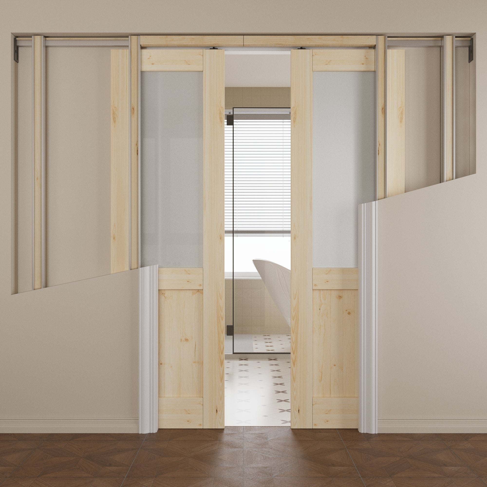 Ark Design Half-lite Tempered Frosted Glass Pocket Door with Hardware Kit & Soft Close, Pine Wood & Unfinished