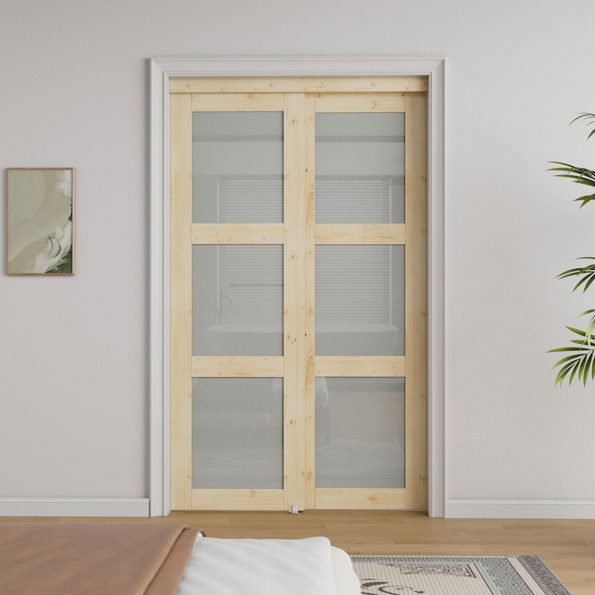 Ark Design 3-Lite Tempered Frosted Glass Bypass Sliding Closet Door with Hardware Kit, Solid Core Pine Wood & Paintable, Unfinished & Ready to Stain