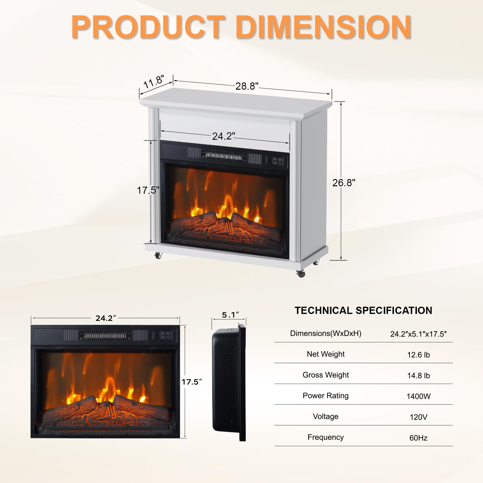 Electric Fireplace Mantel with 23" Fireplace Insert, Small Wooden Surround Firebox TV Stand Faux Log with Removable Wheels, Remote Control Adjustable Led Flame 750W-1500W, White
