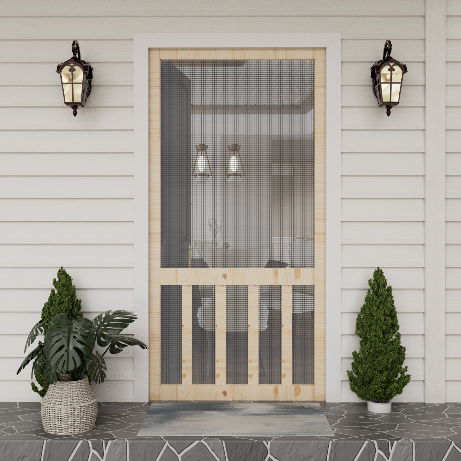 Ark Design Single Universal Paneled Railing Style Unfinished Pine Wood and Gauze Mesh Hinged Screen Door