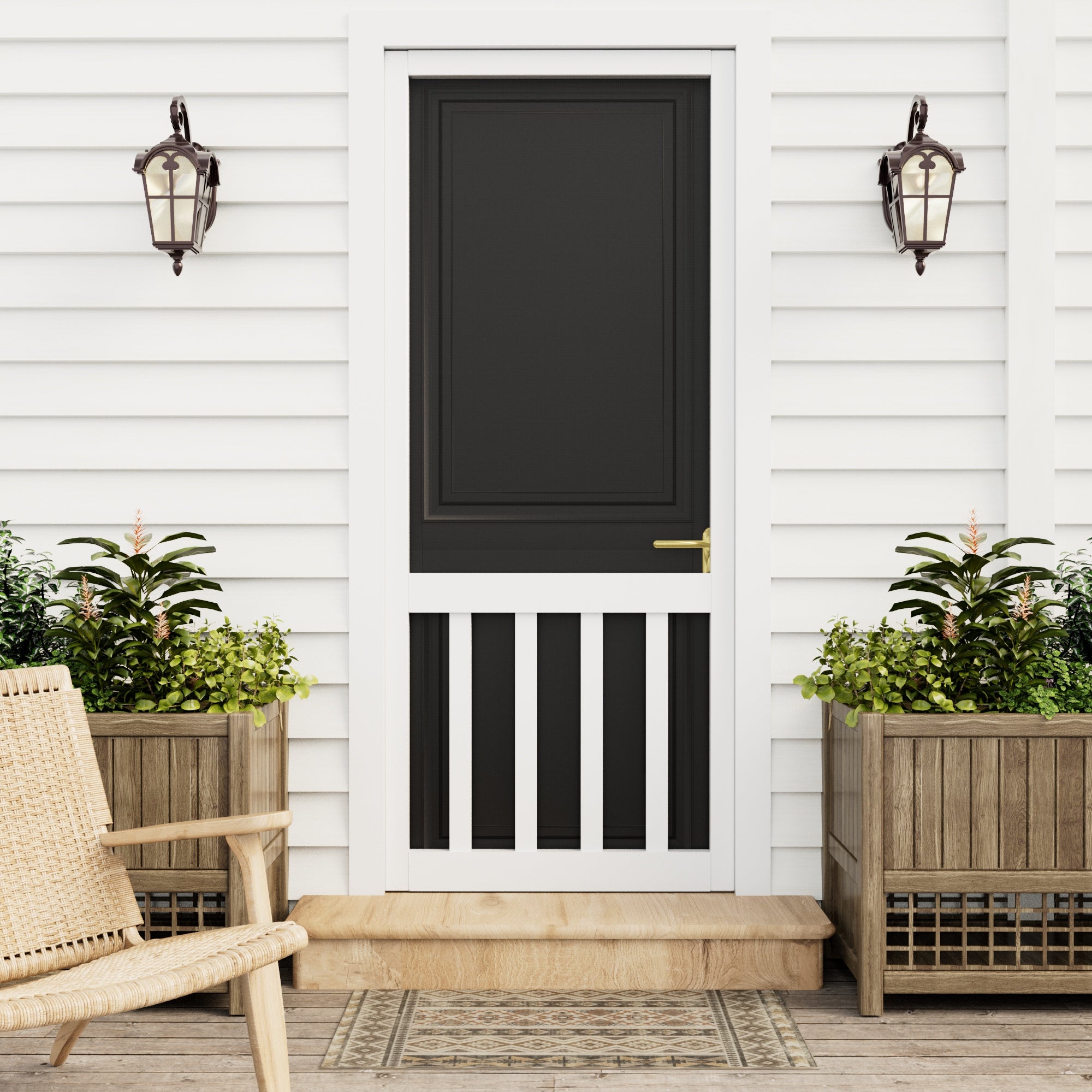 Ark Design Single Universal 5 Lite Paneled Railing Style Finished Pine Wood and Gauze Mesh Hinged Screen Door, White