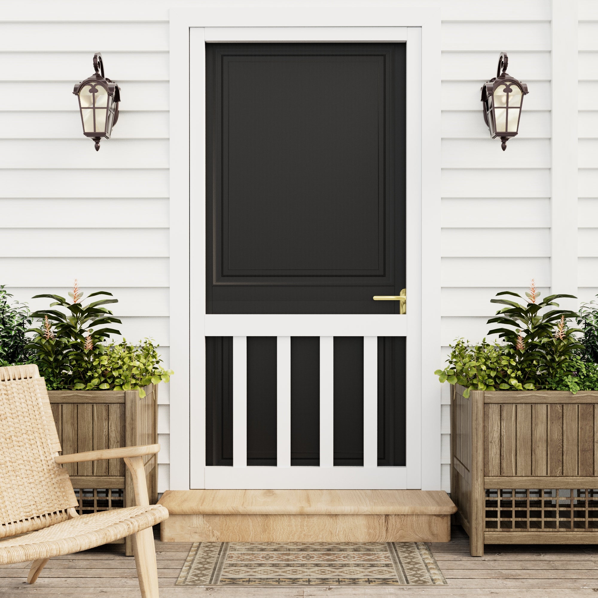 Ark Design Single Universal 5 Lite Paneled Railing Style Finished Pine Wood and Gauze Mesh Hinged Screen Door, White