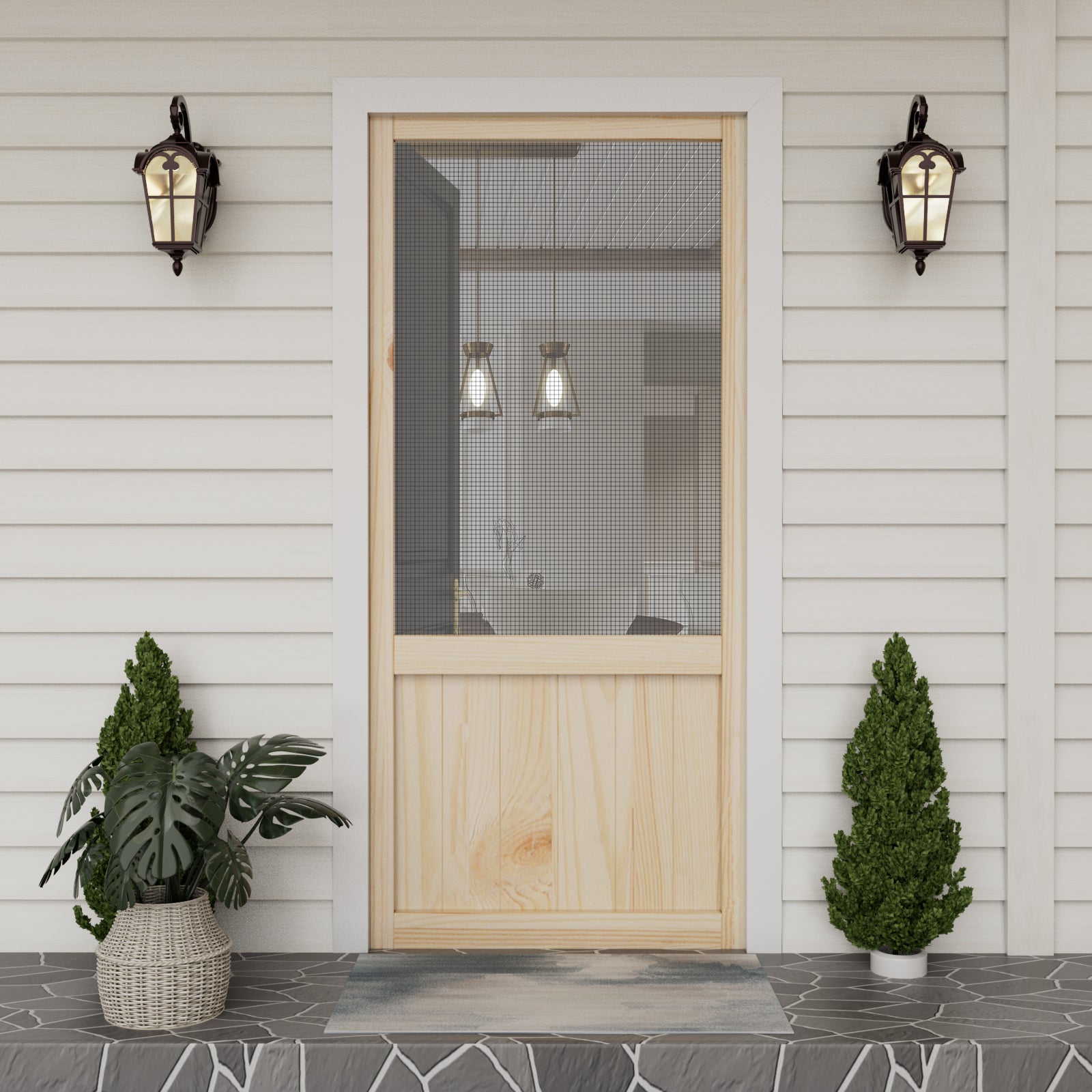 Ark Design Single Universal Paneled Unfinished Pine Wood and Gauze Mesh Hinged Screen Door