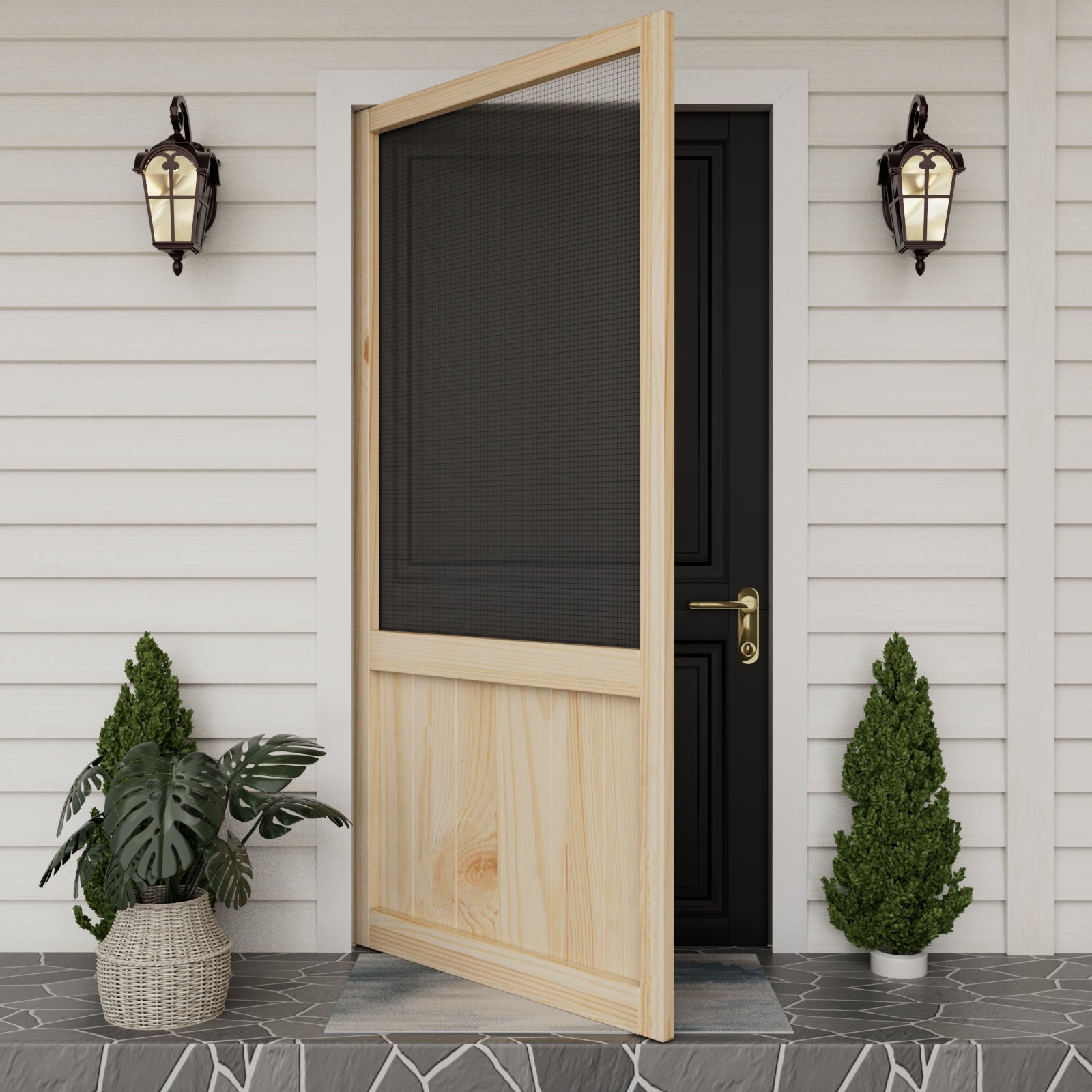 Ark Design Single Universal Paneled Unfinished Pine Wood and Gauze Mesh Hinged Screen Door