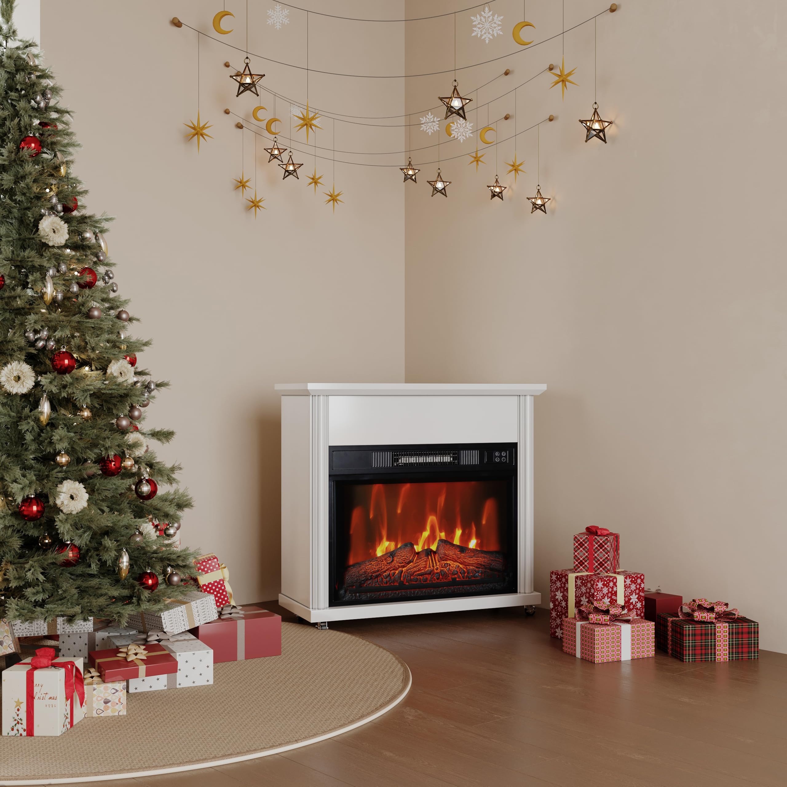 Electric Fireplace Mantel with 23" Fireplace Insert, Small Wooden Surround Firebox TV Stand Faux Log with Removable Wheels, Remote Control Adjustable Led Flame 750W-1500W, White